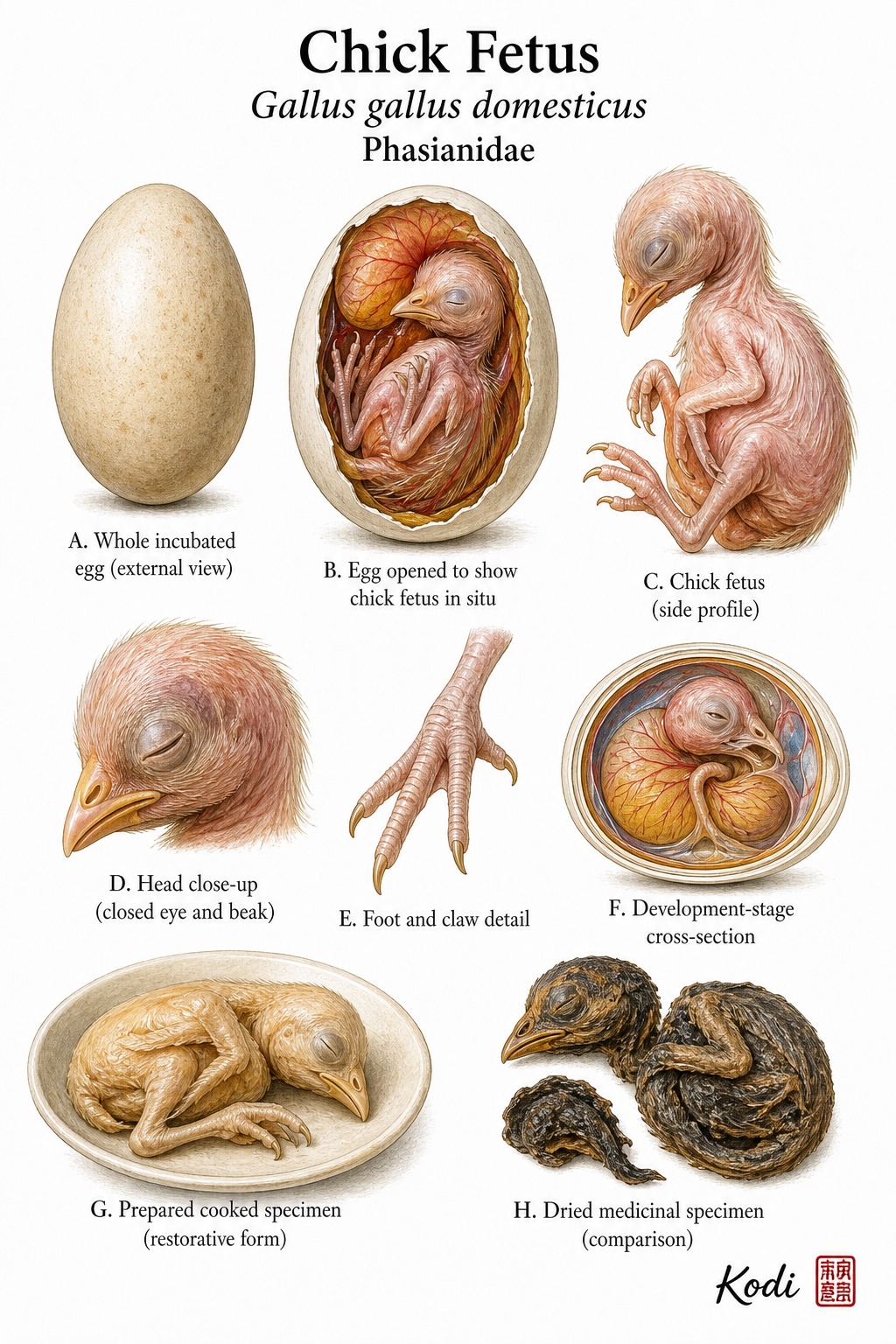 Scientific specimen plate of Chick Fetus, Gallus gallus domesticus, showing incubated egg, embryo profile, developmental details, and prepared medicinal forms.