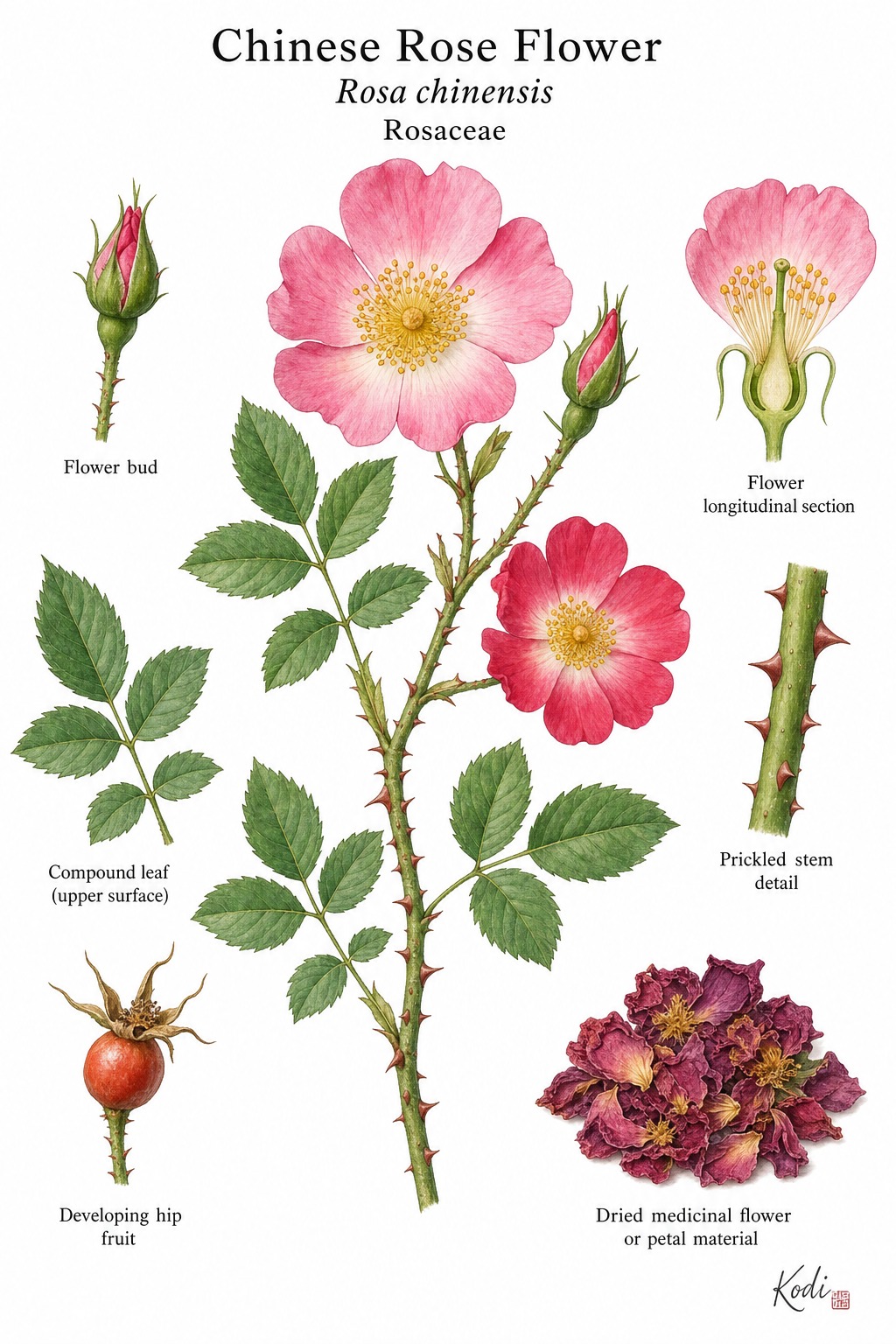 Botanical illustration of Chinese Rose Flower, Rosa chinensis, showing flowering branch, open blooms, bud, hip, dried flower material, and diagnostic plant details.