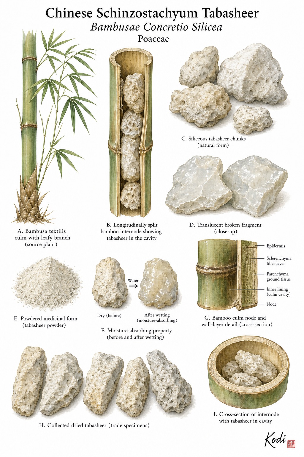 Scientific specimen plate of Chinese Schinzostachyum Tabasheer, Bambusae Concretio Silicea, showing bamboo source context, siliceous chunks, powder, and diagnostic material details.