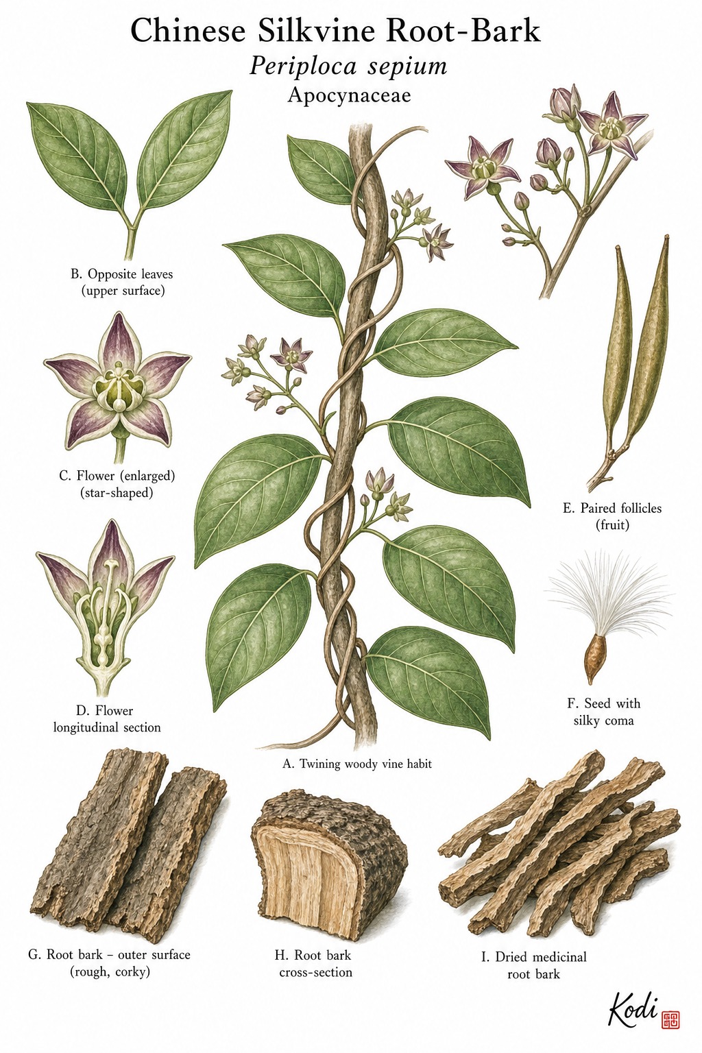 Botanical illustration of Chinese Silkvine Root-Bark, Periploca sepium, showing twining vine habit, opposite leaves, starry flowers, follicles, root bark, and diagnostic plant details.