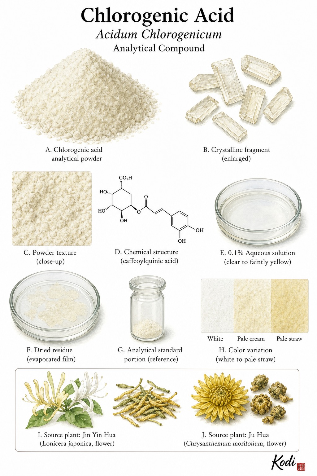 Scientific specimen plate of Chlorogenic Acid, Acidum Chlorogenicum, showing refined powder, crystalline fragments, solution, and diagnostic analytical compound details.