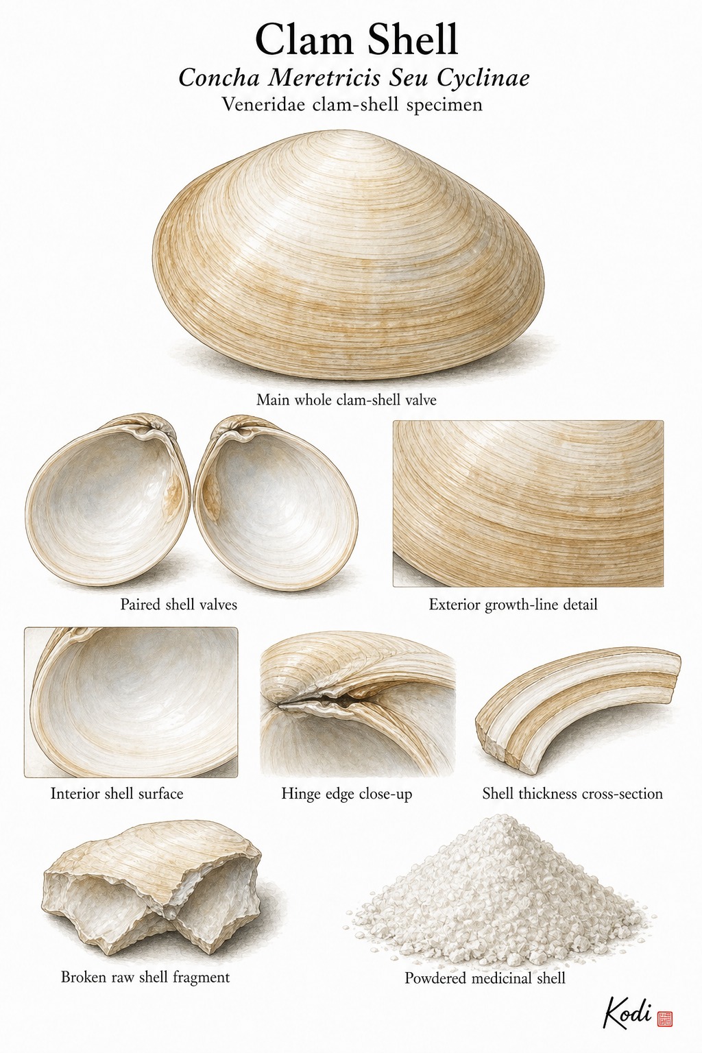 Scientific specimen plate of Clam Shell, Concha Meretricis Seu Cyclinae, showing whole valves, inner surface, hinge, shell powder, and diagnostic shell details.