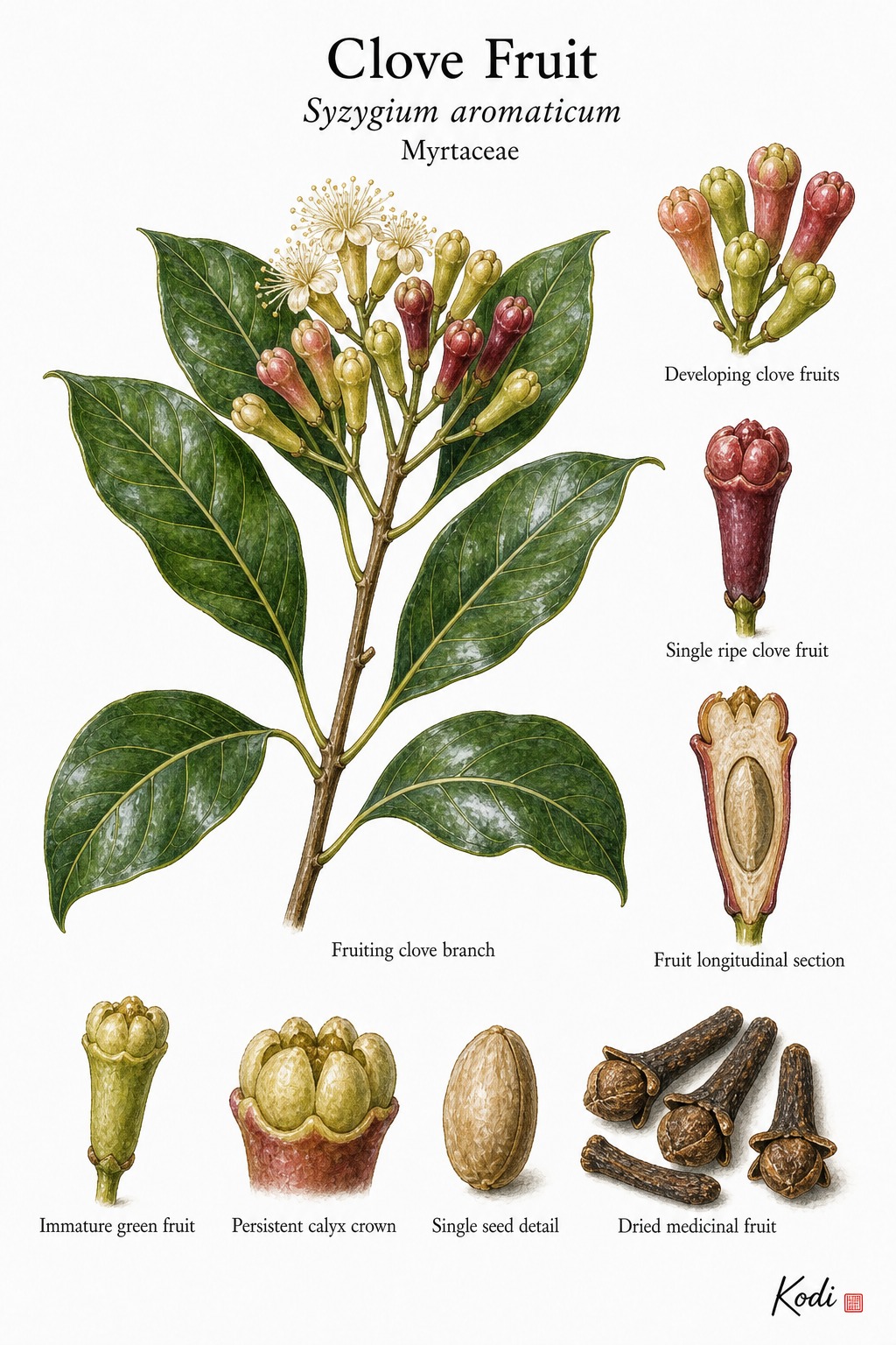 Botanical illustration of Clove Fruit, Syzygium aromaticum, showing fruiting branch, ripe fruit, seed, dried medicinal fruit, and diagnostic plant details.