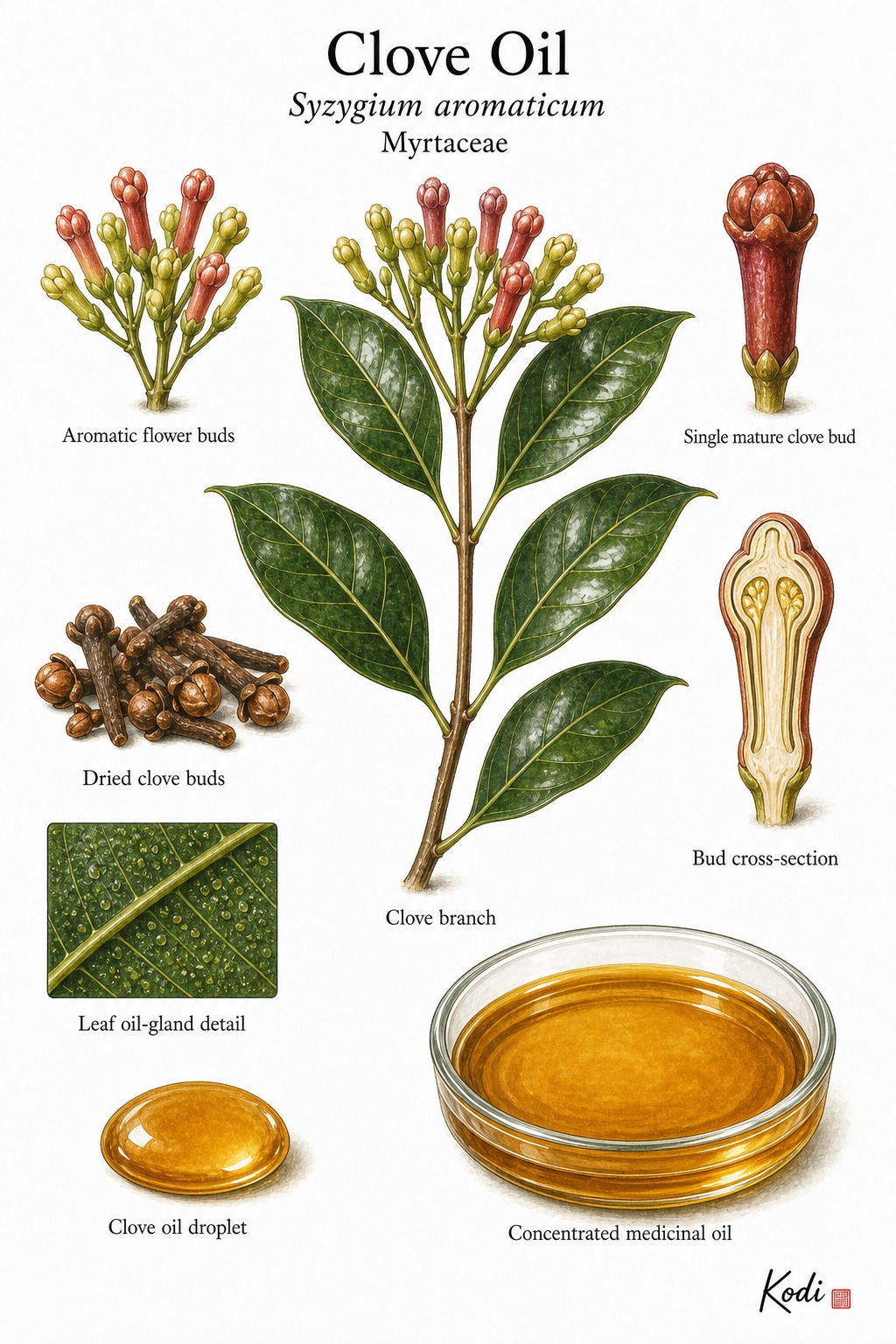 Botanical illustration of Clove Oil, Syzygium aromaticum, showing leafy branch, flower buds, source material, oil-rich structures, concentrated oil, and diagnostic plant details.