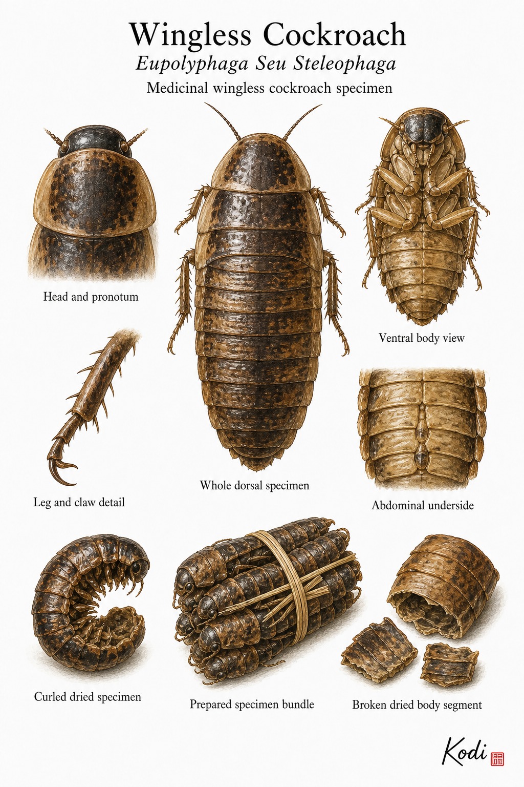Scientific specimen plate of Wingless Cockroach, Eupolyphaga Seu Steleophaga, showing whole specimen form, head, ventral anatomy, dried medicinal material, and diagnostic insect details.