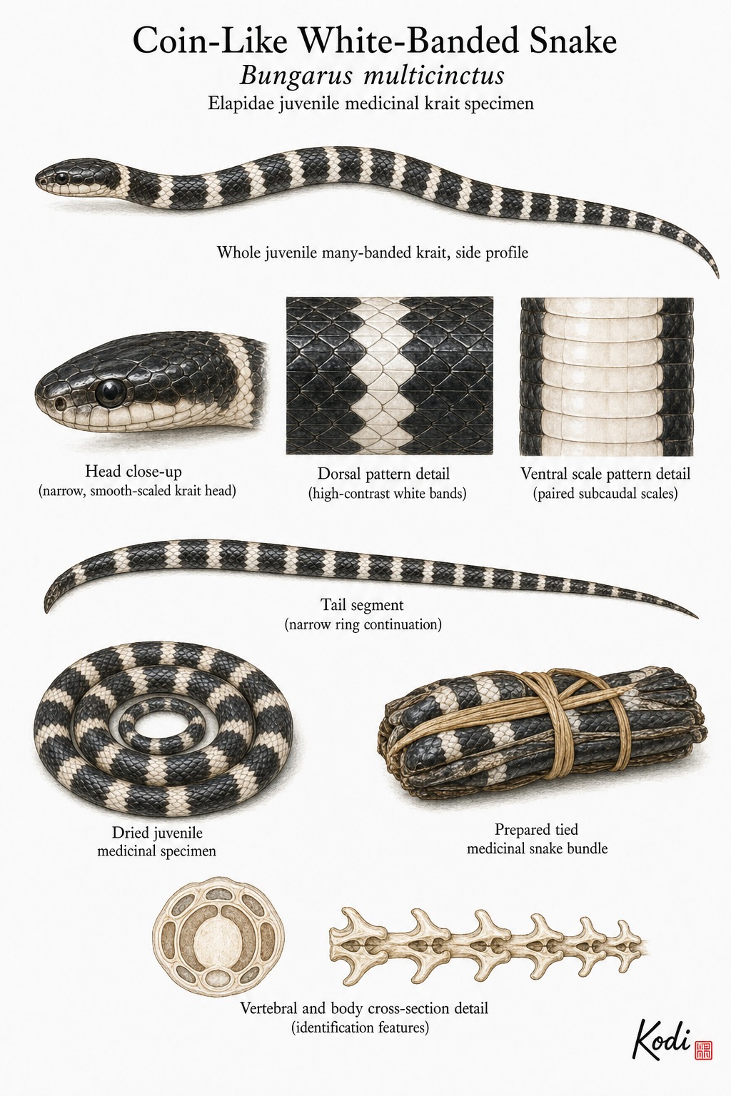 Scientific specimen plate of Coin-Like White-Banded Snake, Bungarus multicinctus, showing juvenile banded body form, head, scale pattern, dried medicinal specimen, and diagnostic snake details.
