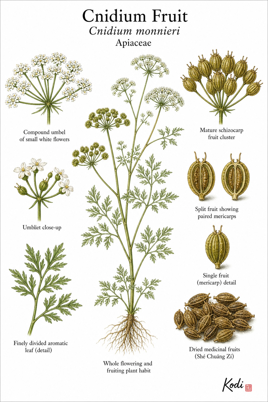 Botanical illustration of Cnidium Fruit, Cnidium monnieri, showing plant habit, compound umbels, divided leaves, aromatic fruits, dried medicinal fruits, and diagnostic plant details.