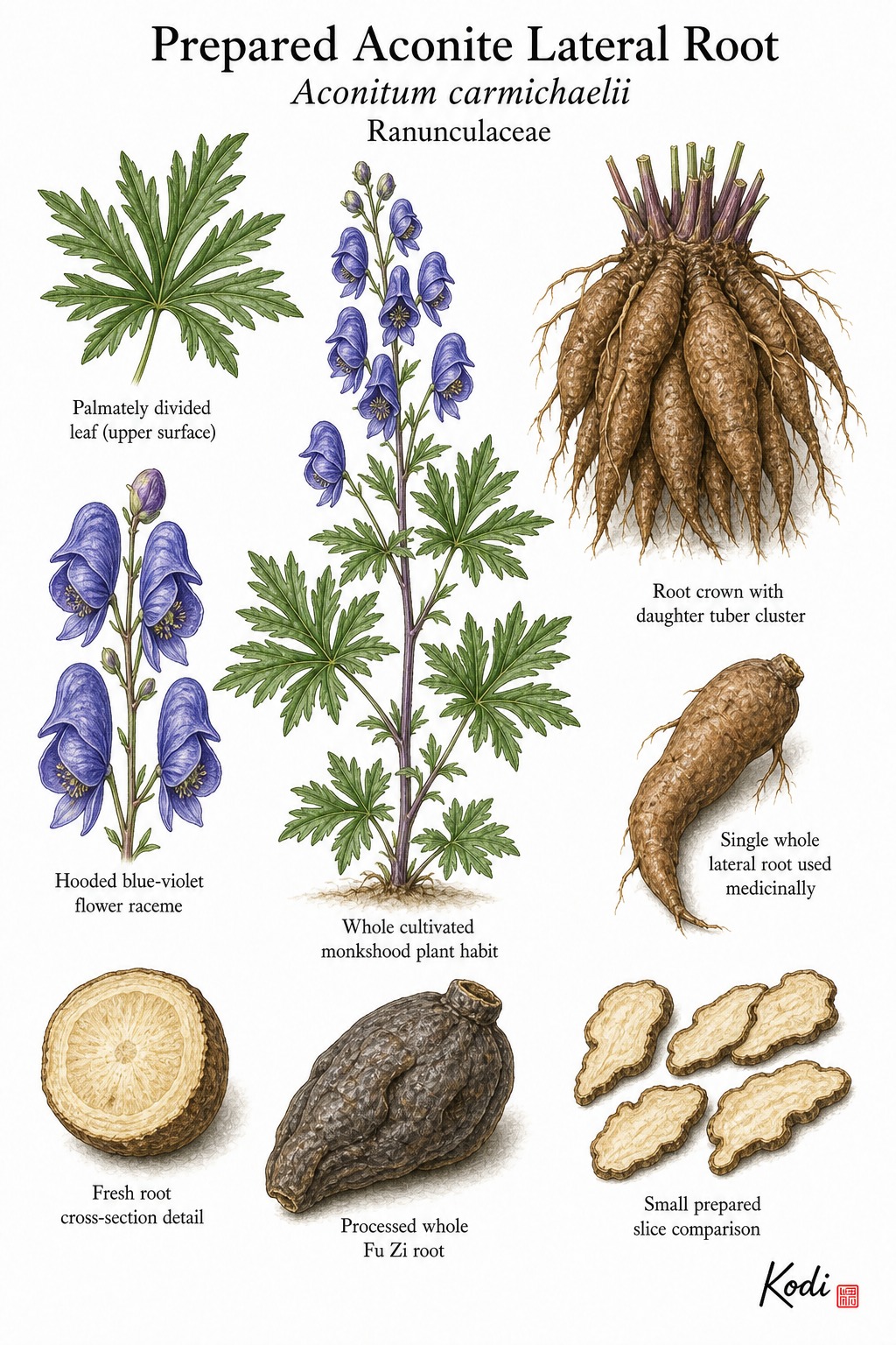 Botanical illustration of Prepared Aconite Lateral Root, Aconitum carmichaelii, showing flowering plant, daughter root cluster, processed whole root, and diagnostic plant details.