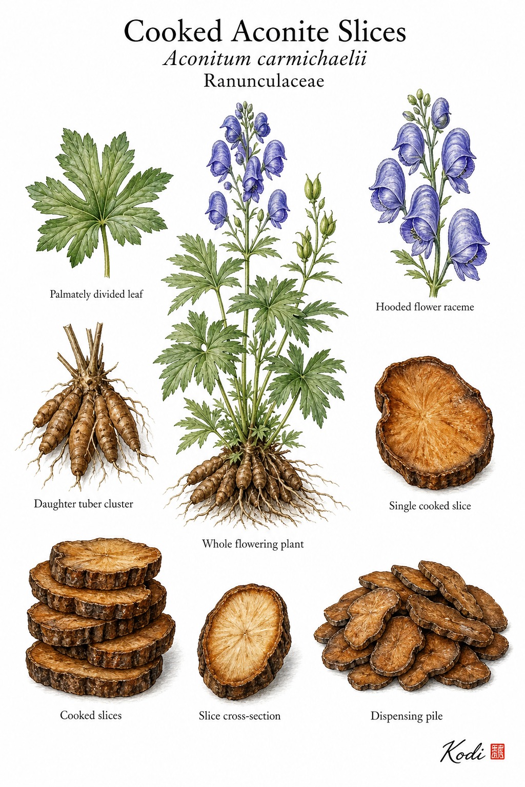 Botanical illustration of Cooked Aconite Slices, Aconitum carmichaelii, showing source plant, daughter roots, cooked slices, and diagnostic plant details.