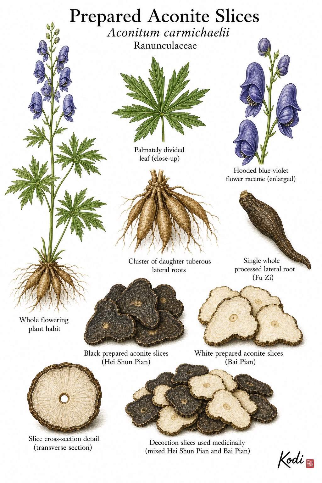 Botanical illustration of Prepared Aconite Slices, Aconitum carmichaelii, showing source plant, daughter roots, processed slices, and diagnostic plant details.