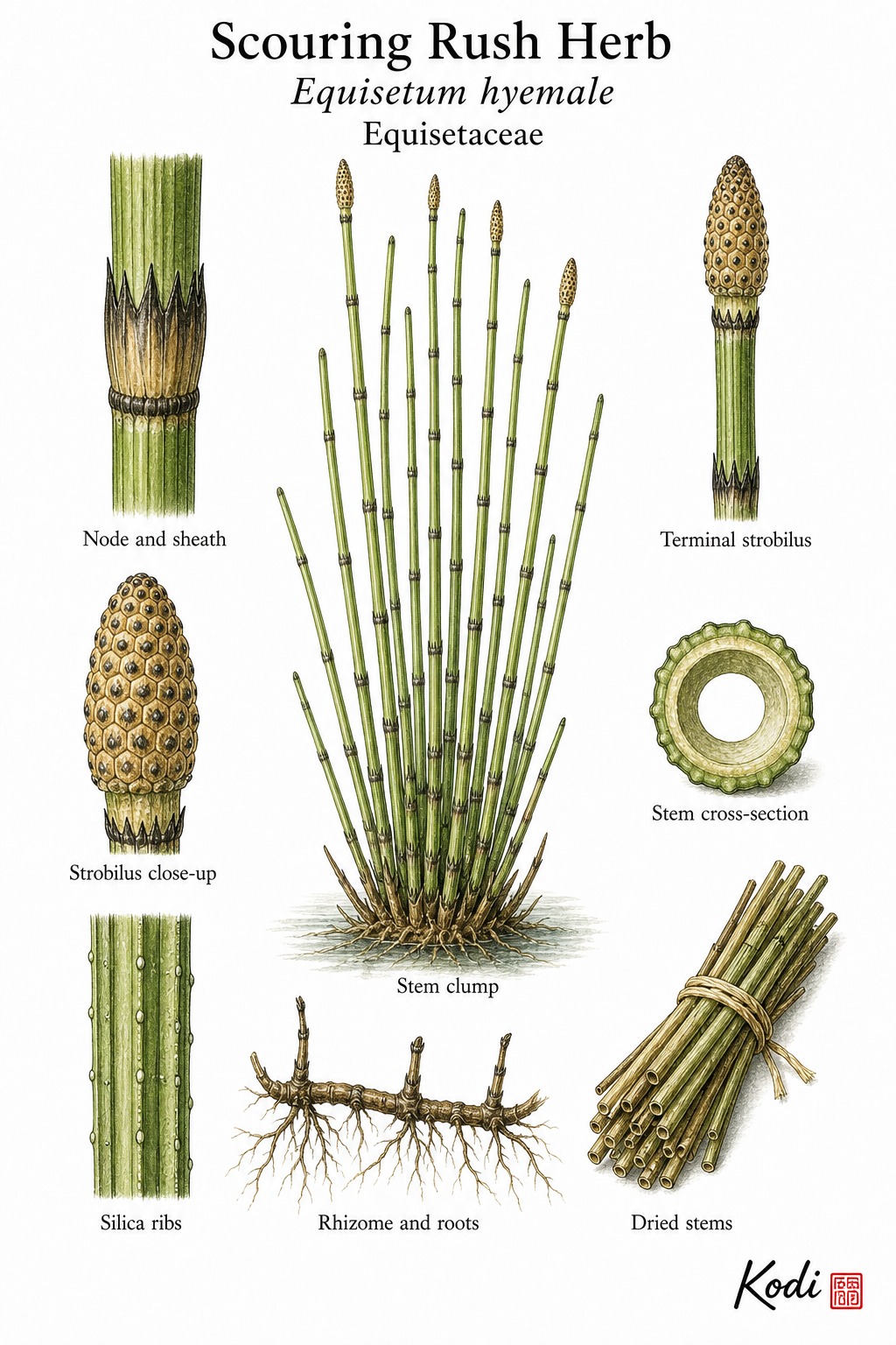 Botanical illustration of Scouring Rush Herb, Equisetum hyemale, showing jointed stems, strobili, rhizome, and diagnostic plant details.
