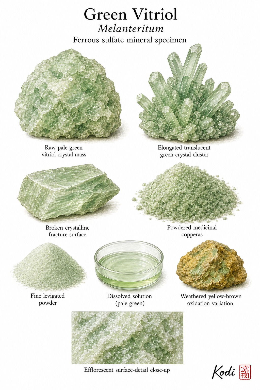Scientific specimen plate of Green Vitriol, Melanteritum, showing raw crystals, powder, weathered variation, and diagnostic mineral details.