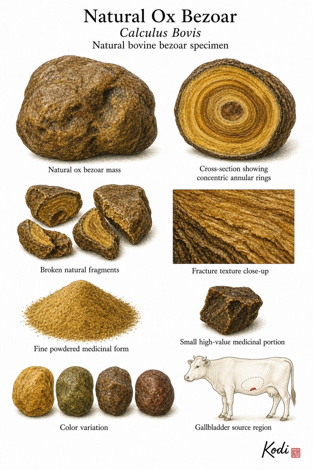 Scientific specimen plate of Natural Ox Bezoar, Calculus Bovis, showing irregular bezoar mass, cut surface, powder, and diagnostic gallstone details.