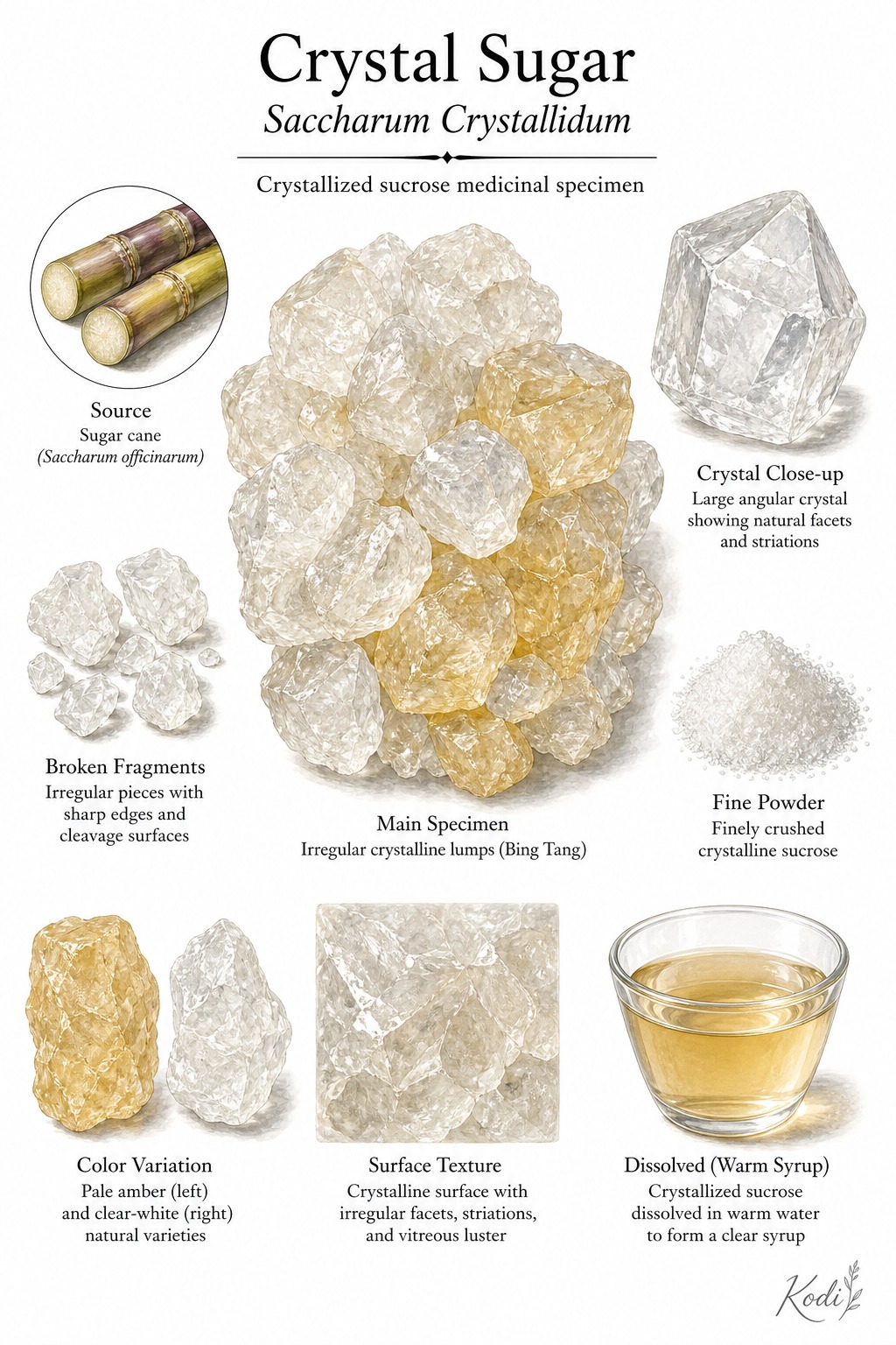 Scientific specimen plate of Crystal Sugar, Saccharum Crystallidum, showing translucent sugar crystals, broken fragments, dissolved syrup, and diagnostic sweetener details.