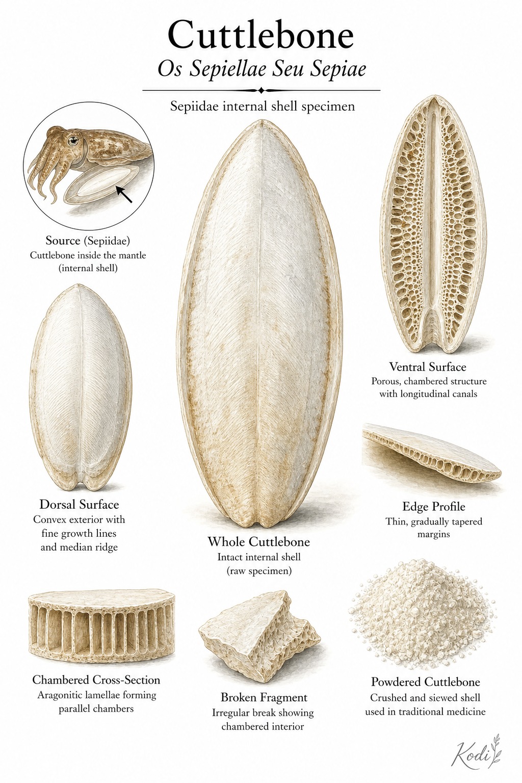 Scientific specimen plate of Cuttlebone, Os Sepiellae Seu Sepiae, showing whole cuttlebone, chambered shell structure, powder, and diagnostic marine shell details.