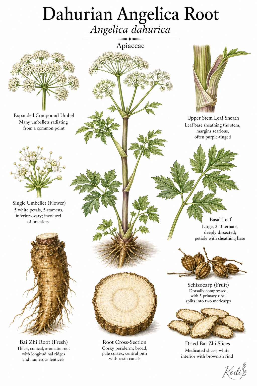 Botanical illustration of Dahurian Angelica Root, Angelica dahurica, showing umbel habit, divided leaves, flowers, root, fruit, and diagnostic plant details.