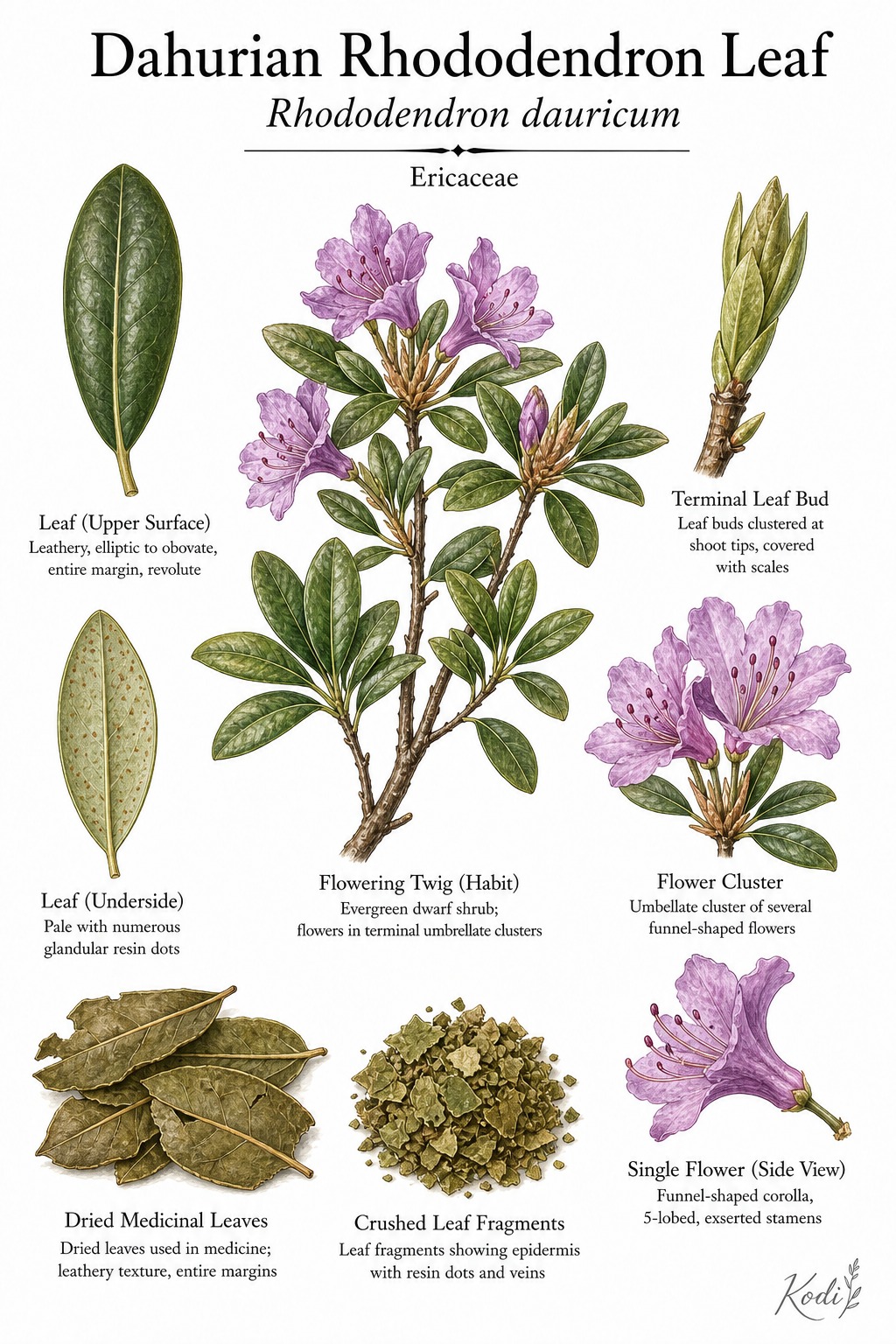 Botanical illustration of Dahurian Rhododendron Leaf, Rhododendron dauricum, showing flowering twig, leaves, dried medicinal leaves, and diagnostic plant details.