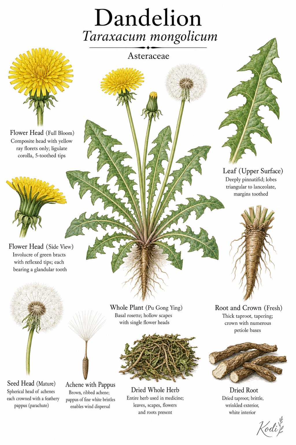 Botanical illustration of Dandelion, Taraxacum mongolicum, showing rosette habit, flowers, seed head, taproot, and diagnostic plant details.