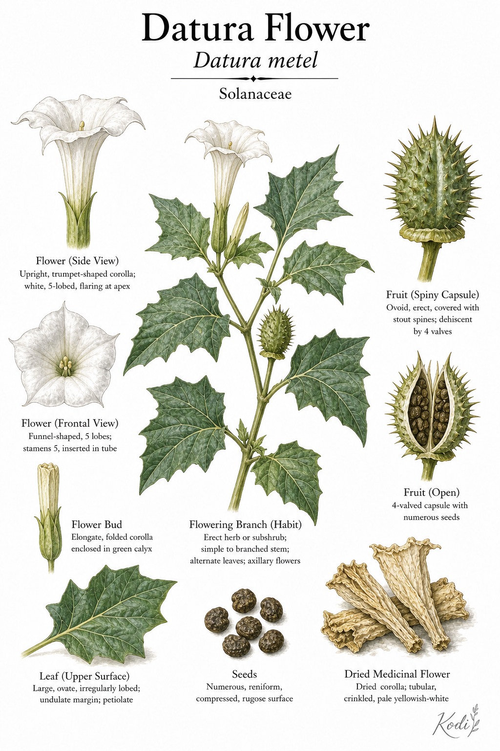 Botanical illustration of Datura Flower, Datura metel, showing flowering habit, trumpet flowers, leaves, spiny capsule, and diagnostic plant details.
