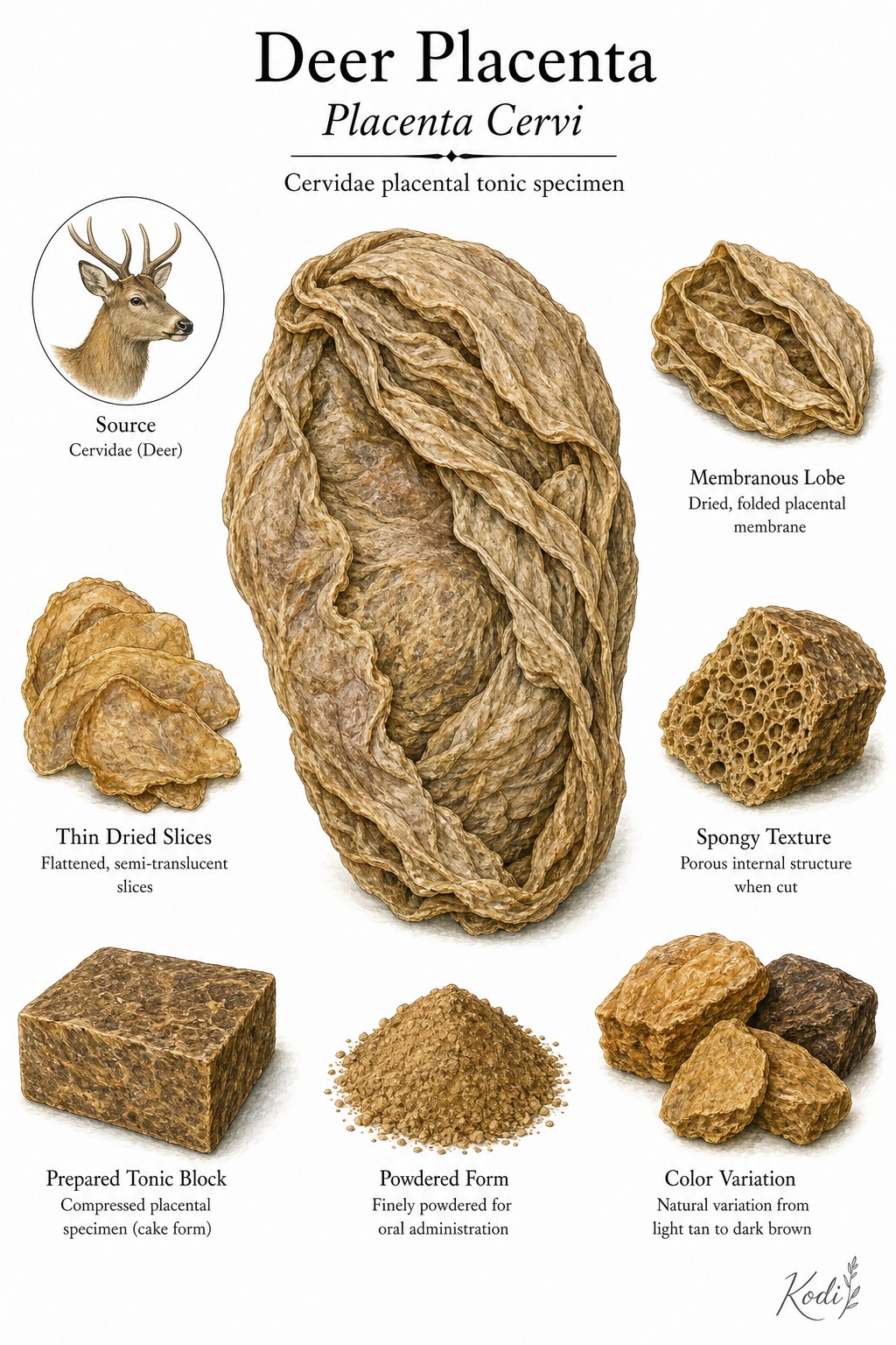 Scientific specimen plate of Deer Placenta, Placenta Cervi, showing cleaned dried placental material, slices, powder, and diagnostic tonic details.