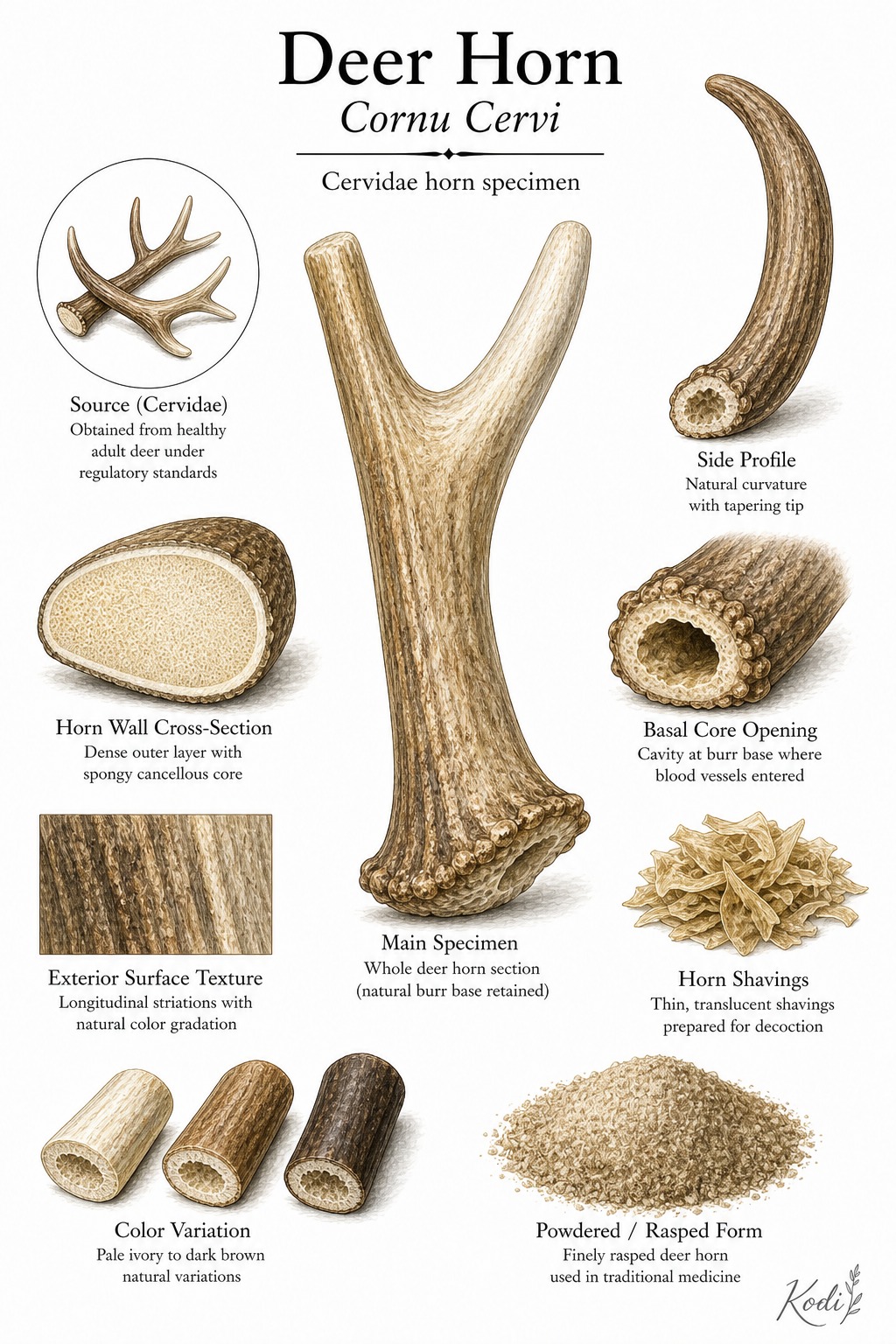 Scientific specimen plate of Deer Horn, Cornu Cervi, showing horn sections, shavings, powder, and diagnostic cervid horn details.