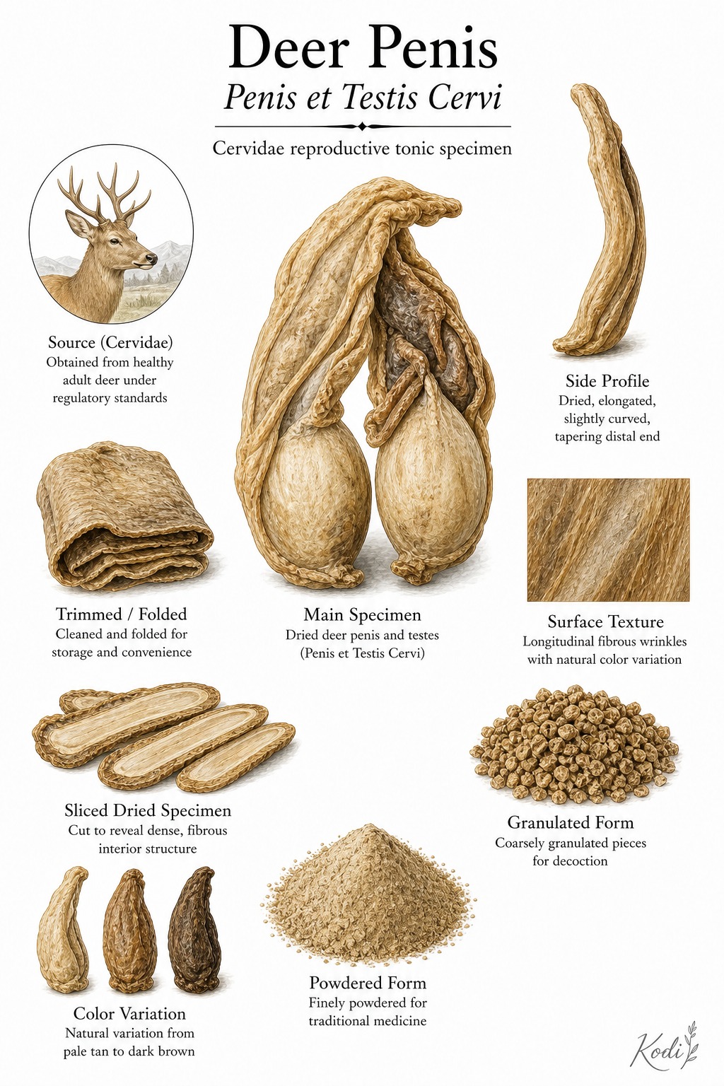 Scientific specimen plate of Deer Penis, Penis et Testis Cervi, showing cleaned dried medicinal material, slices, powder, and diagnostic tonic details.