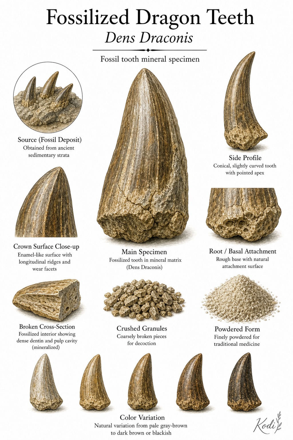 Scientific specimen plate of Fossilized Dragon Teeth, Dens Draconis, showing fossil tooth forms, broken sections, powder, and diagnostic mineralized tooth details.