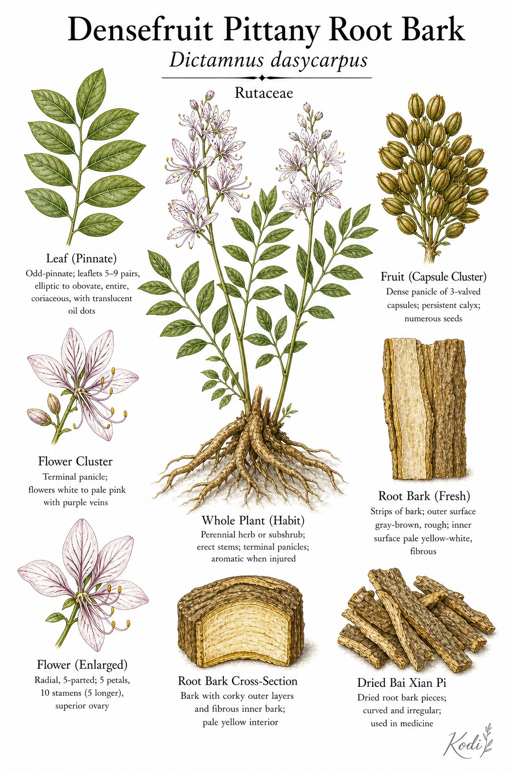 Botanical illustration of Densefruit Pittany Root Bark, Dictamnus dasycarpus, showing habit, leaves, flowers, fruit capsules, root bark, and diagnostic plant details.