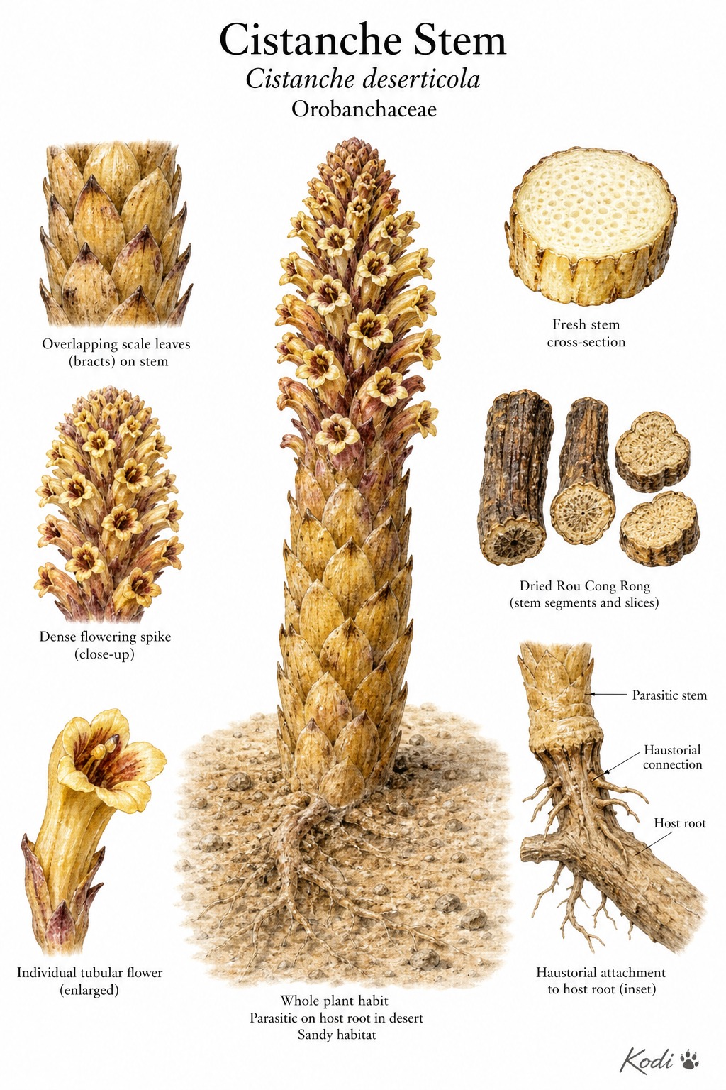 Botanical illustration of Cistanche Stem, Cistanche deserticola, showing parasitic desert habit, fleshy flowering stem, scale leaves, host root attachment, dried stem pieces, and diagnostic plant details.