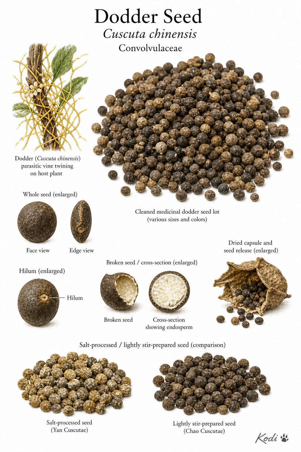 Botanical illustration of Dodder Seed, Cuscuta chinensis, showing cleaned medicinal seed lots, capsule context, source vine inset, and diagnostic seed details.