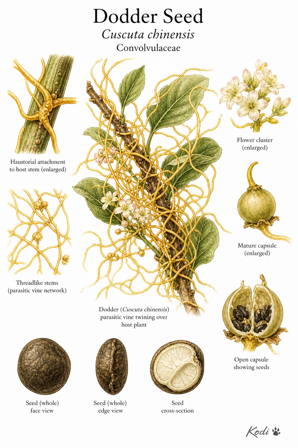 Botanical illustration of Dodder Seed, Cuscuta chinensis, showing parasitic vine habit, host attachment, capsules, seeds, and diagnostic plant details.