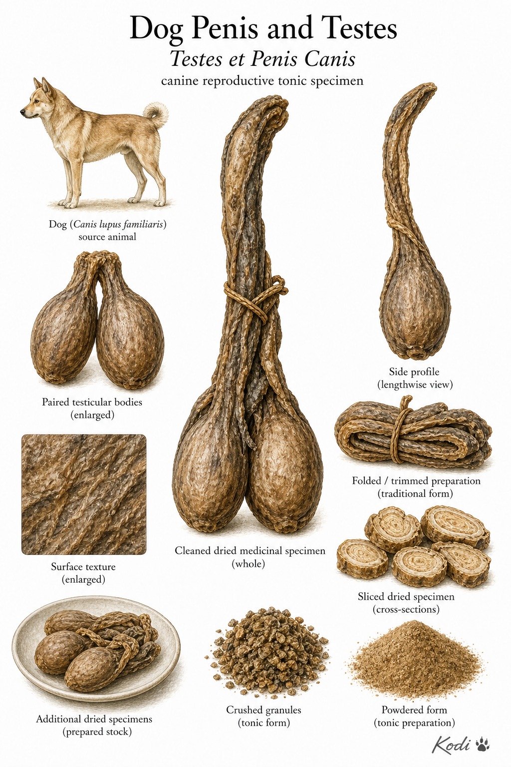 Scientific specimen plate of Dog Penis and Testes, Testes et Penis Canis, showing cleaned dried medicinal material, sections, powder, and diagnostic tonic details.
