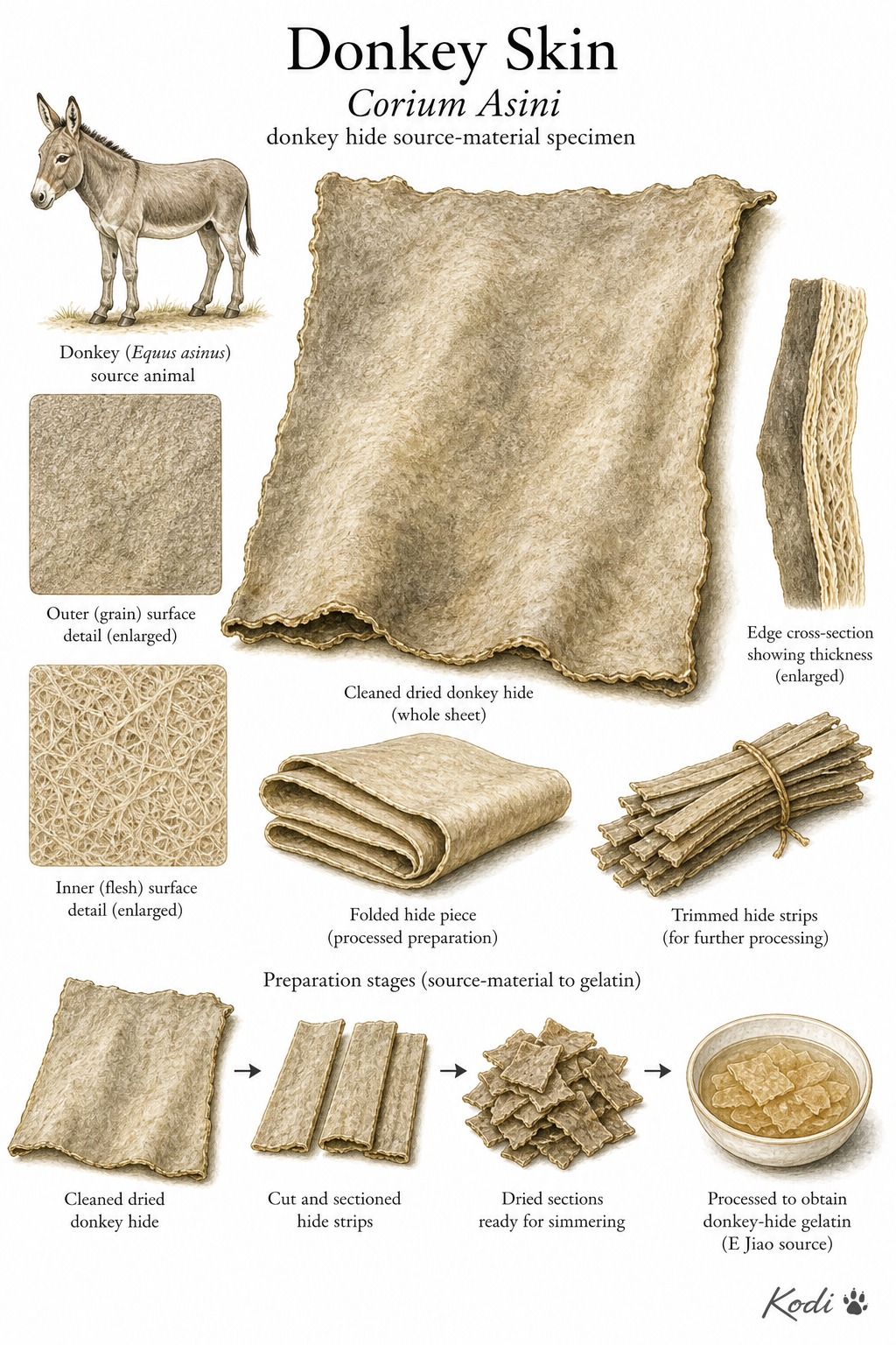 Scientific specimen plate of Donkey Skin, Corium Asini, showing cleaned hide sheets, surface views, edge thickness, and diagnostic source-material details.