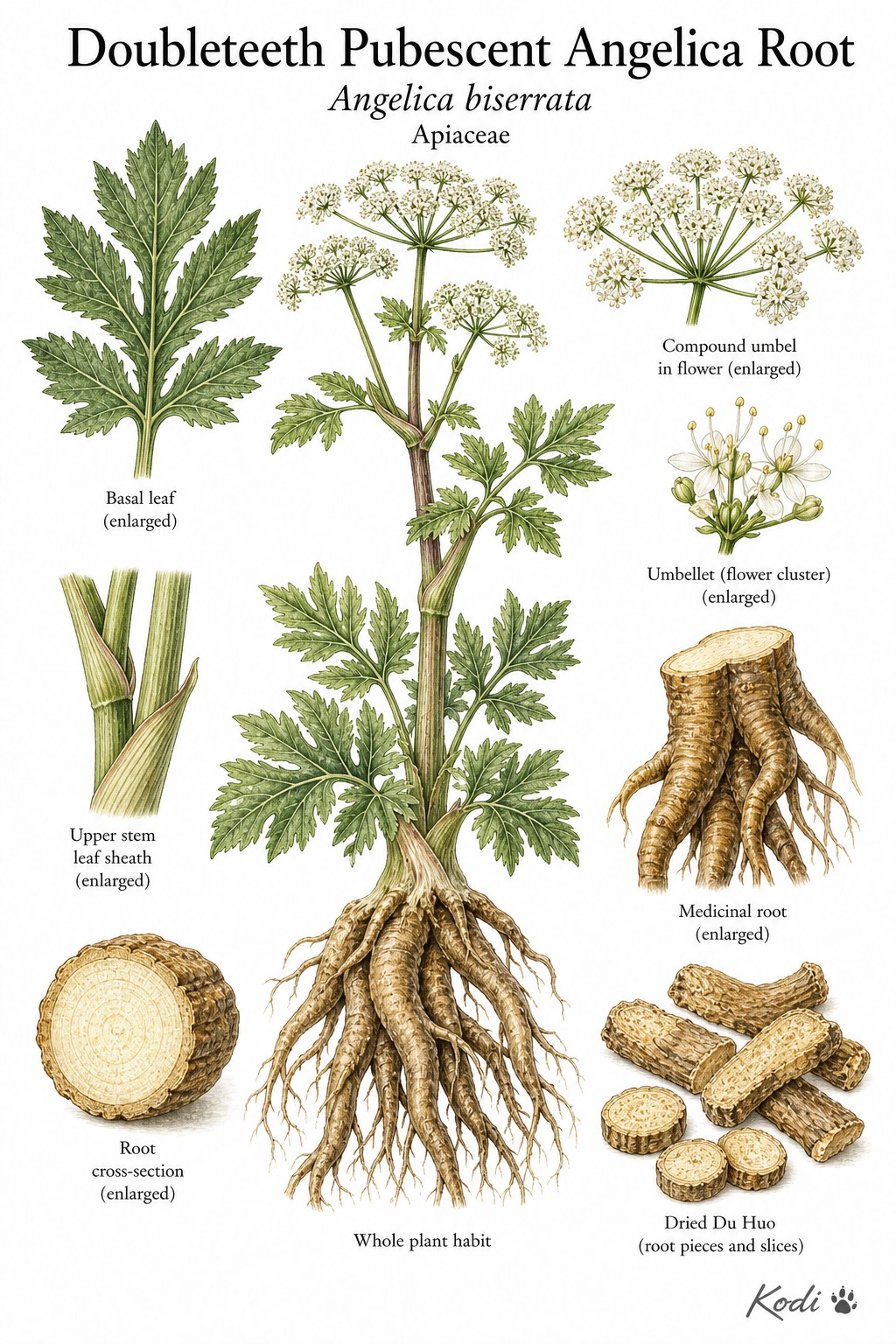 Botanical illustration of Doubleteeth Pubescent Angelica Root, Angelica biserrata, showing habit, divided leaves, umbels, medicinal root, and diagnostic plant details.