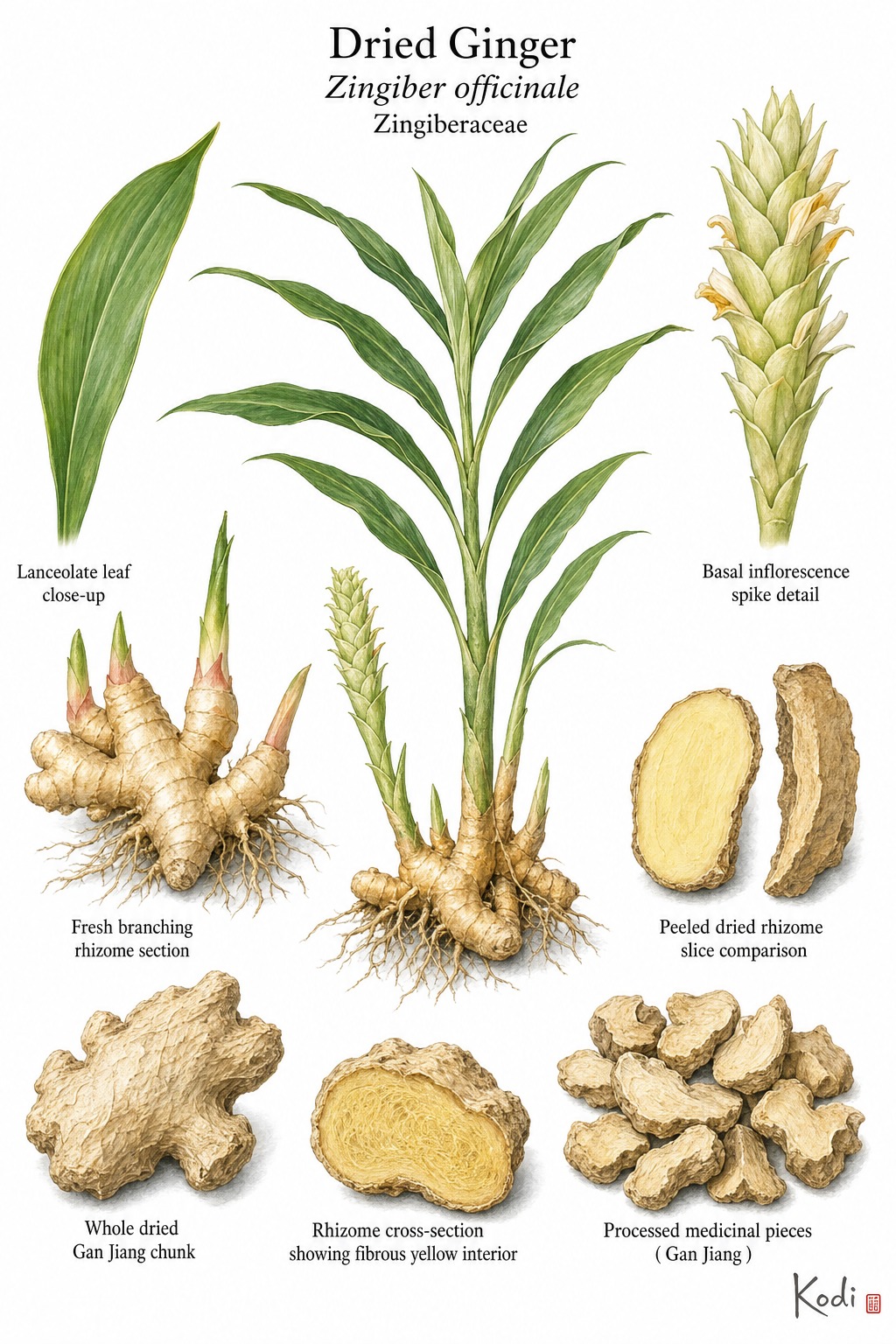 Botanical illustration of Dried Ginger, Zingiber officinale, showing leafy ginger habit, inflorescence, fresh rhizome, dried Gan Jiang pieces, and diagnostic plant details.