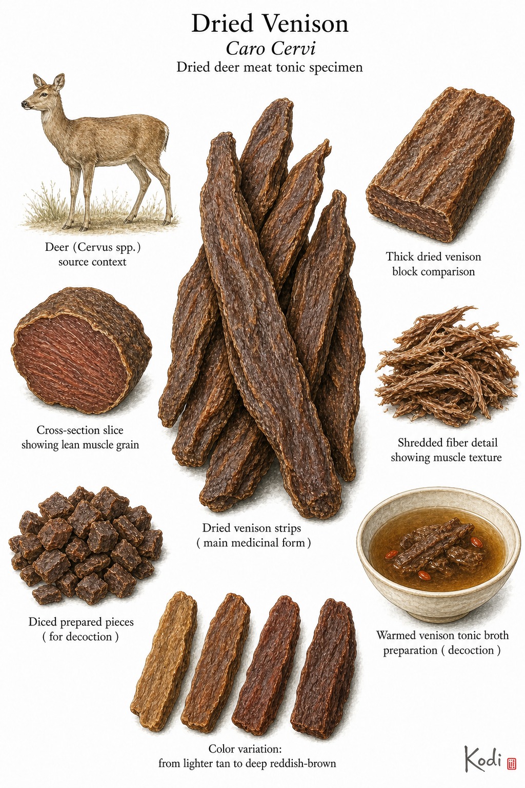Scientific specimen plate of Dried Venison, Caro Cervi, showing dried meat strips, sliced sections, tonic preparation, and diagnostic food-medicine details.