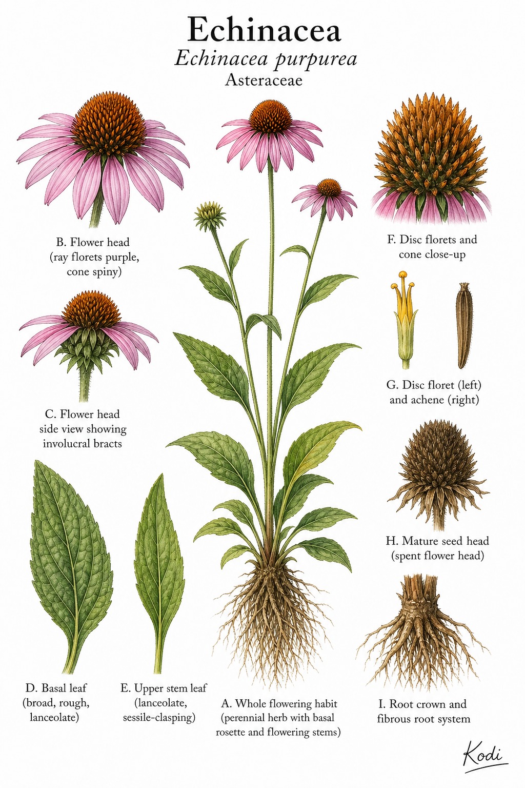 Botanical illustration of Echinacea, Echinacea purpurea, showing flowering habit, leaves, cone flower head, seed head, root, and diagnostic plant details.