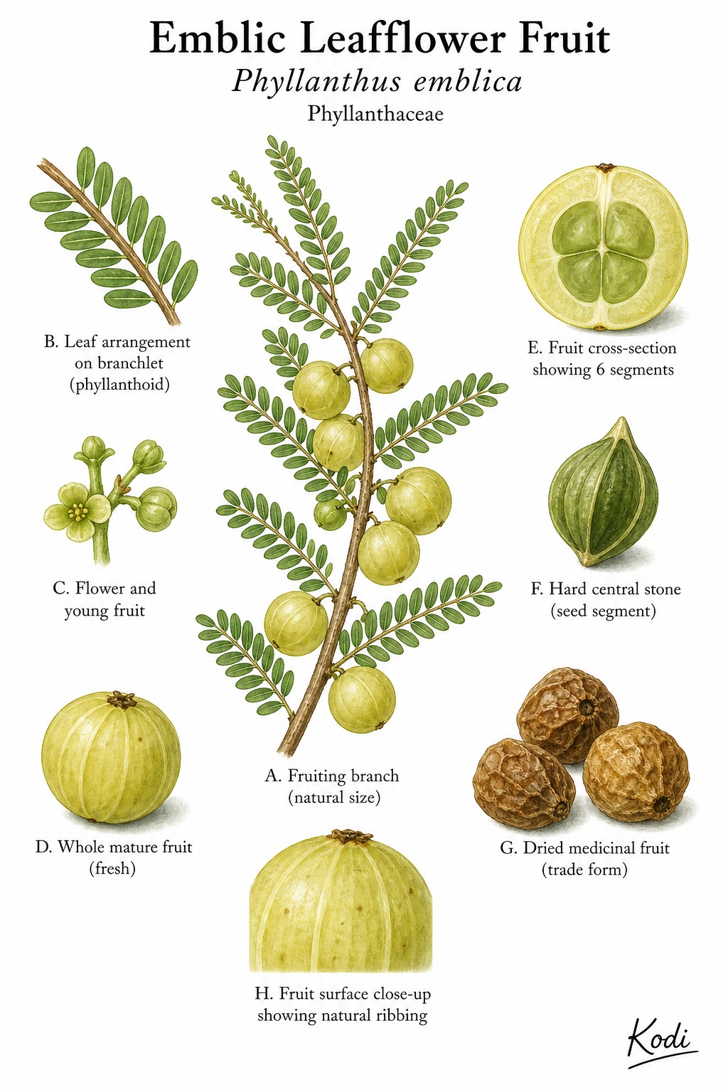 Botanical illustration of Emblic Leafflower Fruit, Phyllanthus emblica, showing fruiting branch, leaves, fruit, cross-section, seed stone, and diagnostic plant details.