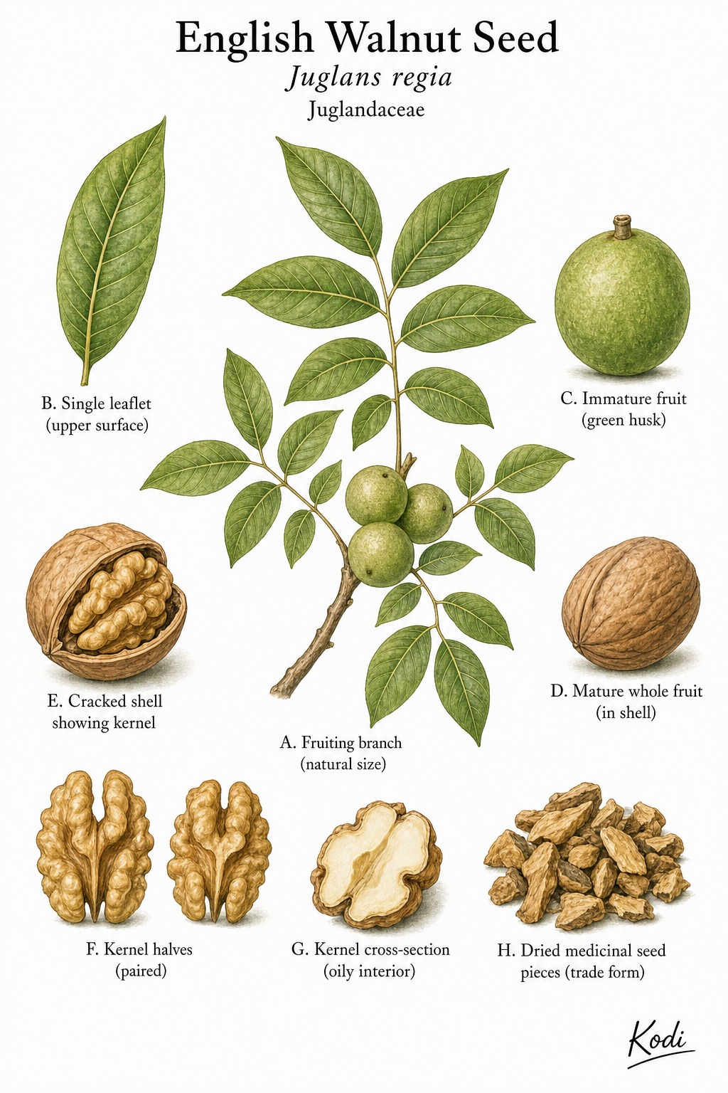 Botanical illustration of English Walnut Seed, Juglans regia, showing fruiting branch, pinnate leaves, walnuts, kernel, and diagnostic seed details.
