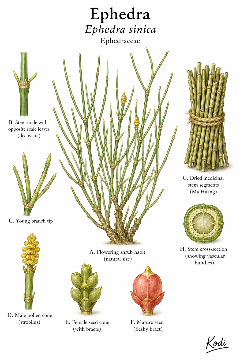Botanical illustration of Ephedra, Ephedra sinica, showing shrubby habit, jointed stems, cones, dried stems, and diagnostic plant details.