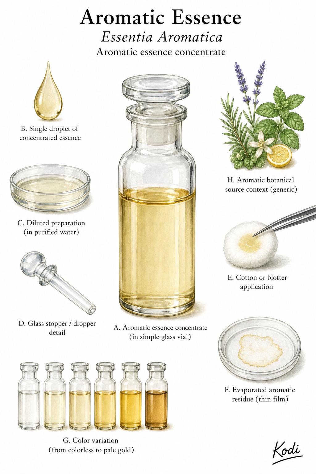 Scientific specimen plate of Aromatic Essence, Essentia Aromatica, showing concentrated aromatic liquid, droplets, diluted preparation, and diagnostic essence details.