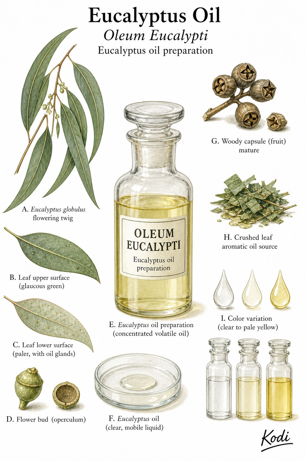 Scientific specimen plate of Eucalyptus Oil, Oleum Eucalypti, showing volatile oil, eucalyptus leaves, capsules, and diagnostic preparation details.