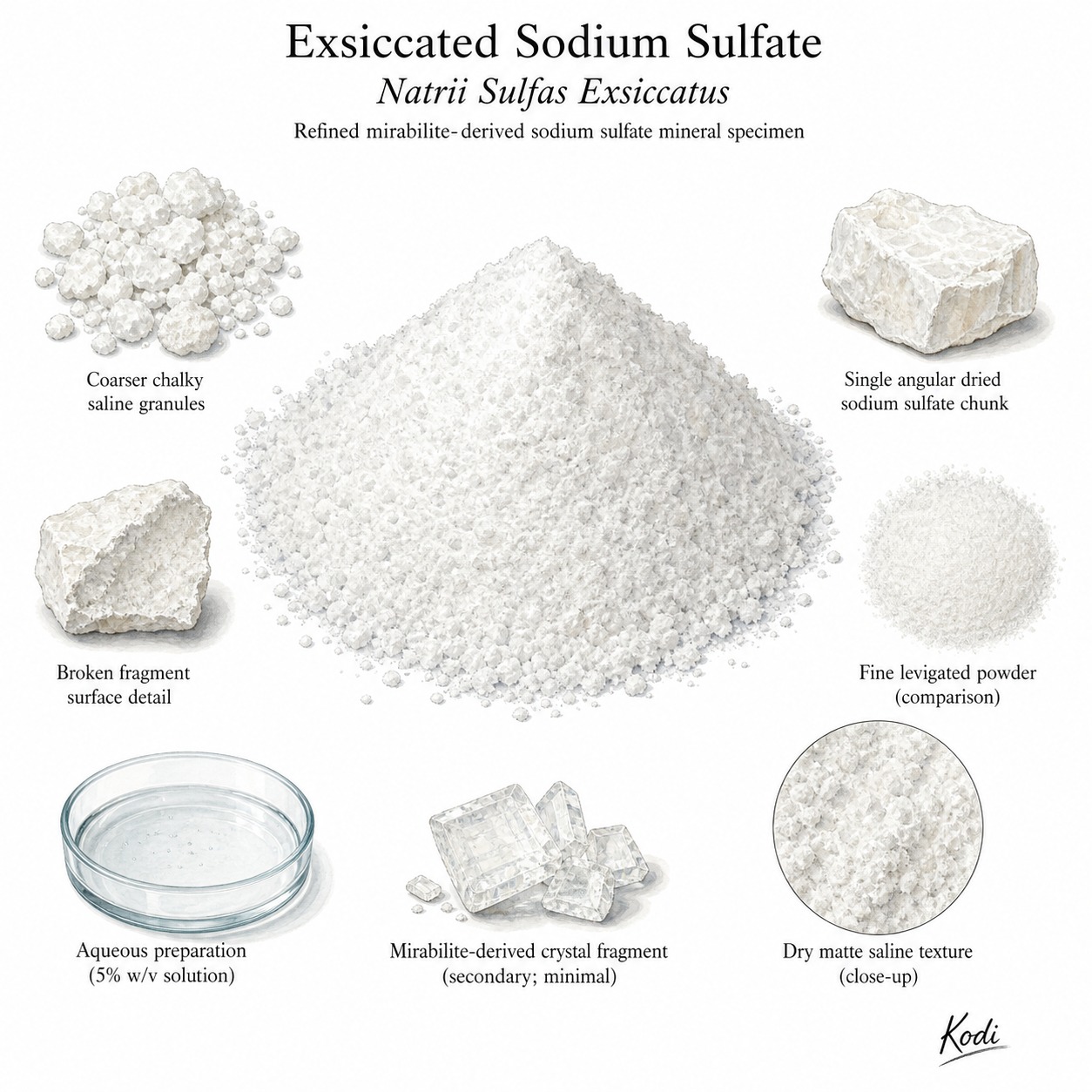 Scientific specimen plate of Exsiccated Sodium Sulfate, Natrii Sulfas Exsiccatus, showing dry mineral powder, granules, dissolved preparation, and diagnostic saline details.