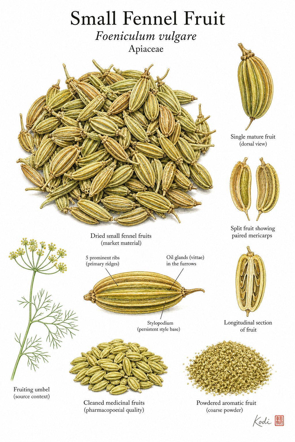 Botanical illustration of Small Fennel Fruit, Foeniculum vulgare, showing dried medicinal fruits, mericarps, ridge details, and diagnostic fennel details.