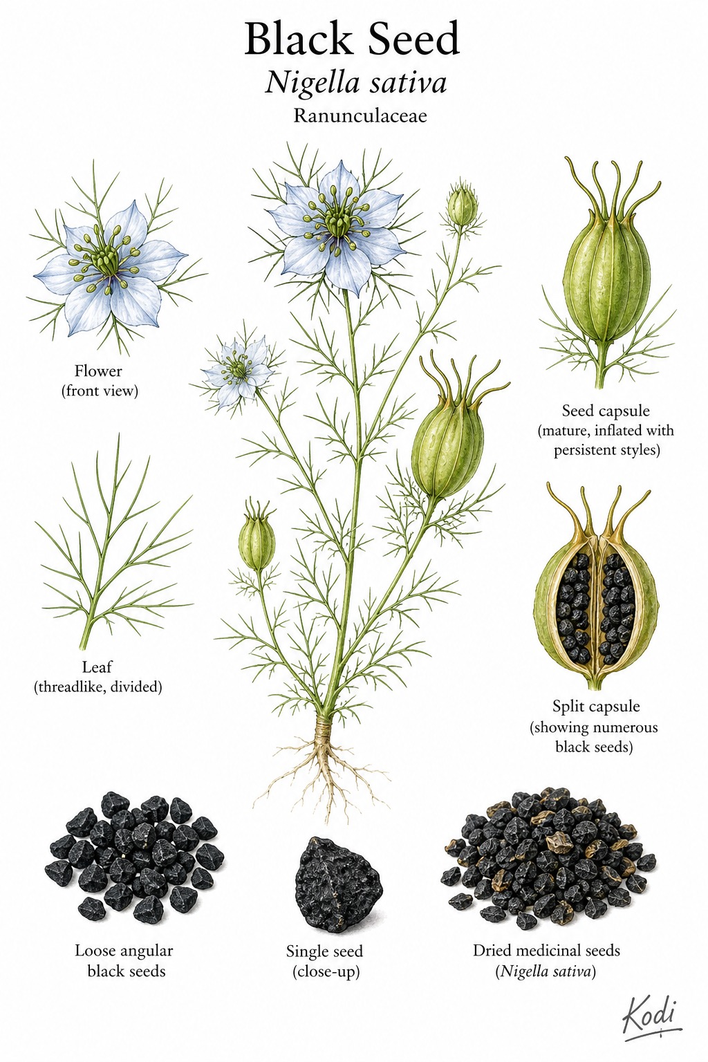 Botanical illustration of Black Seed, Nigella sativa, showing flowers, seed capsules, black seeds, and diagnostic plant details.