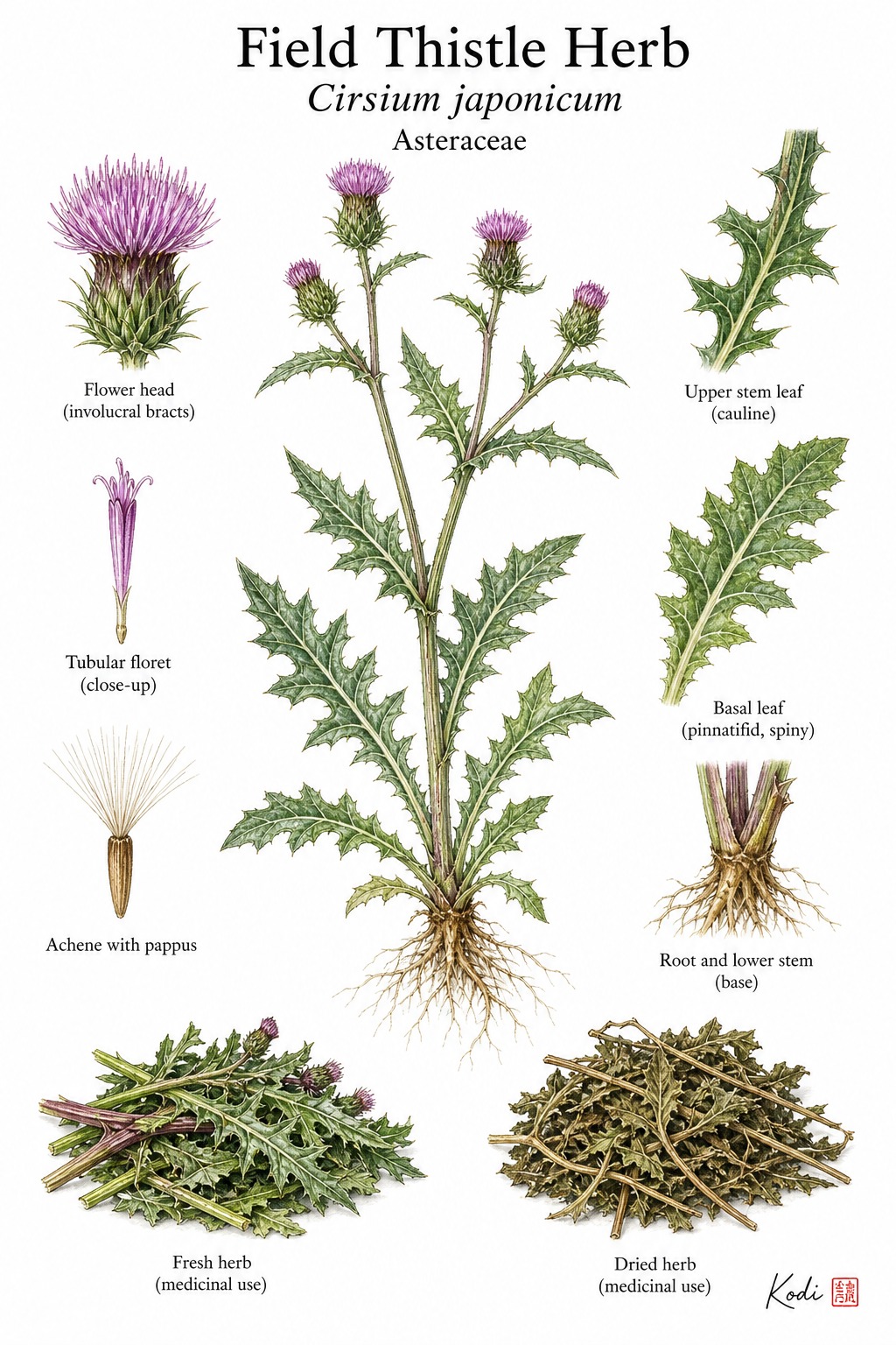 Botanical illustration of Field Thistle Herb, Cirsium japonicum, showing medicinal herb habit, spiny leaves, flower head, root, and diagnostic plant details.