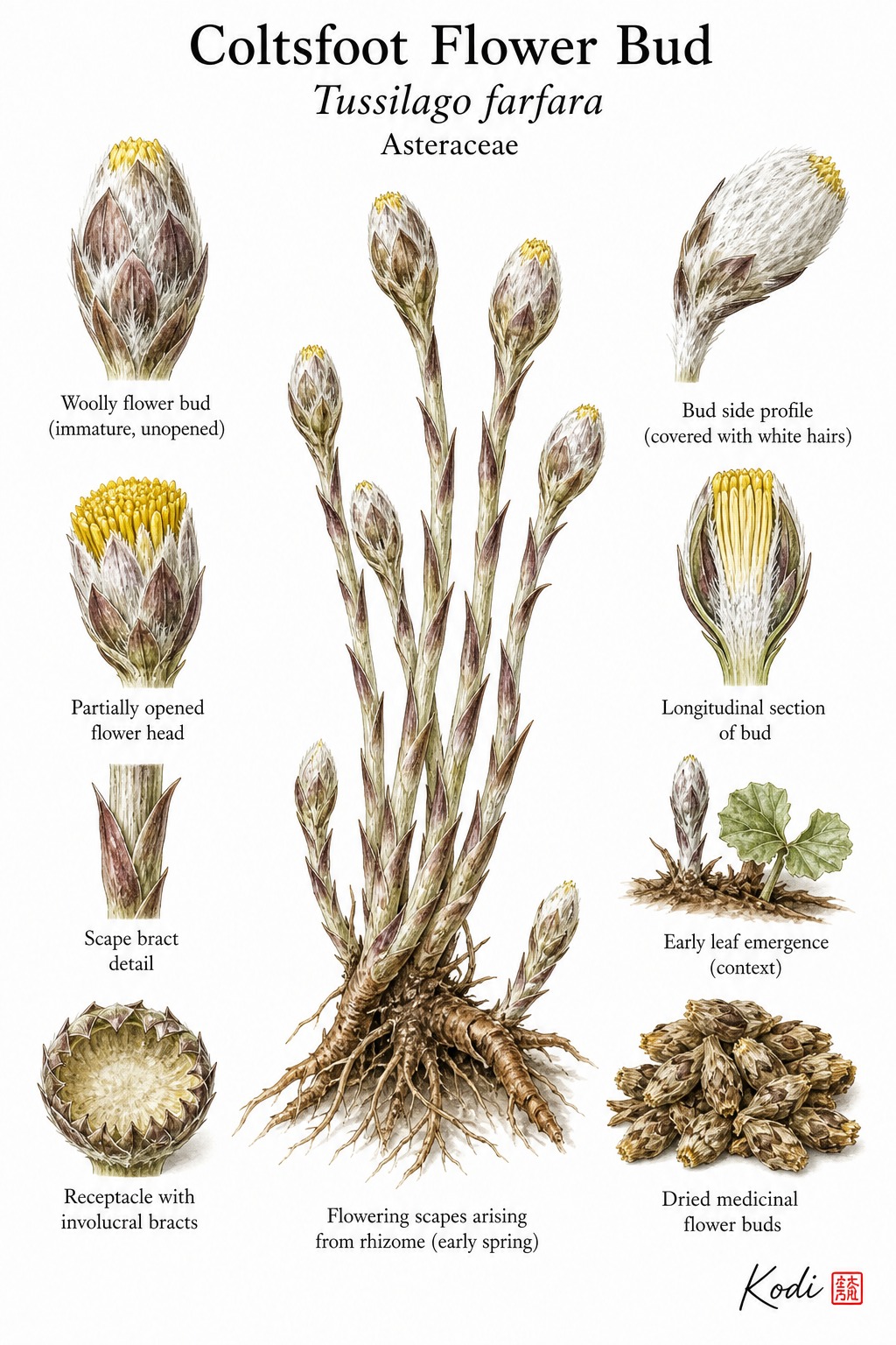 Botanical illustration of Coltsfoot Flower Bud, Tussilago farfara, showing woolly flowering scape, unopened buds, dried buds, and diagnostic plant details.