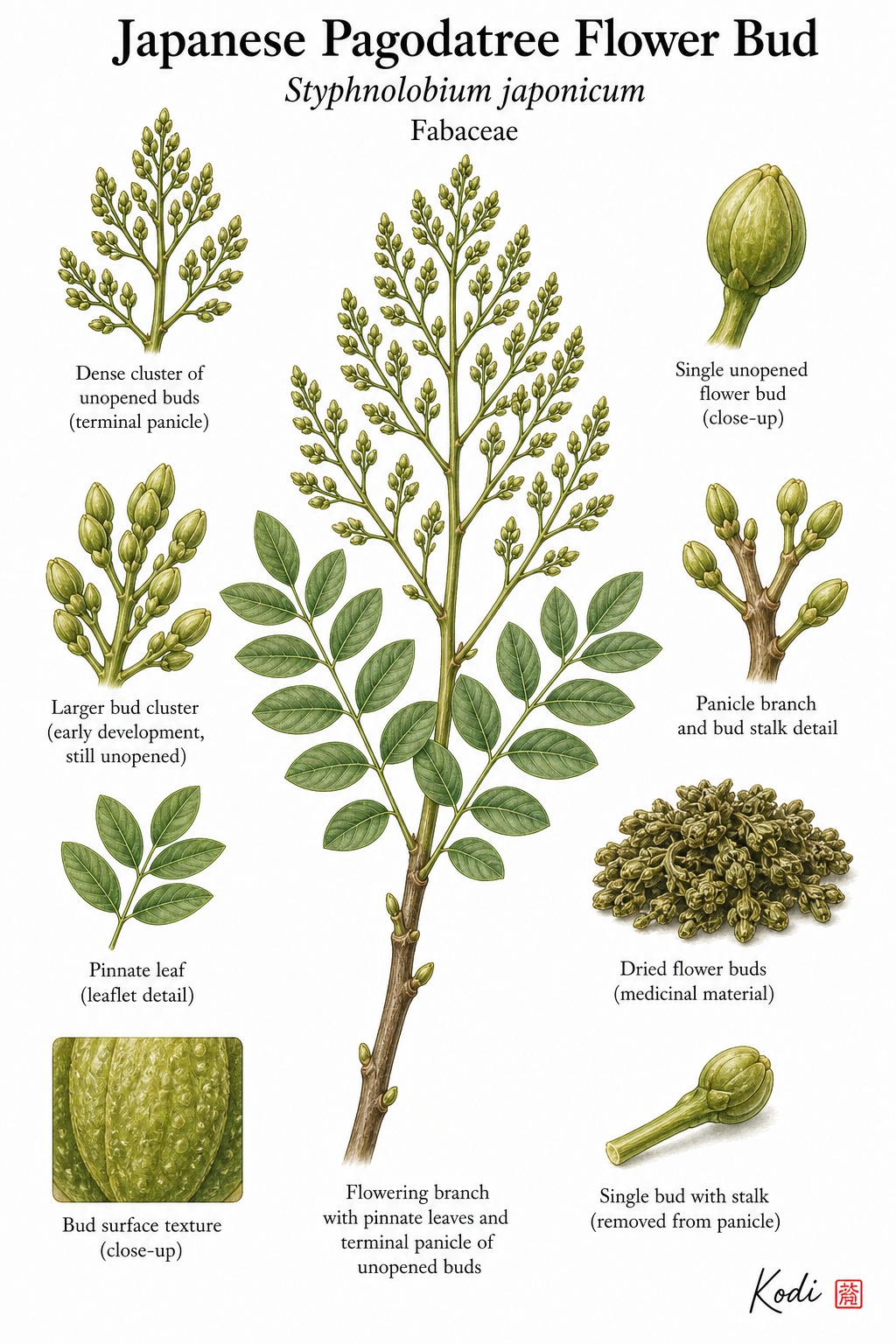 Botanical illustration of Japanese Pagodatree Flower Bud, Styphnolobium japonicum, showing bud clusters, pinnate leaves, dried buds, and diagnostic plant details.