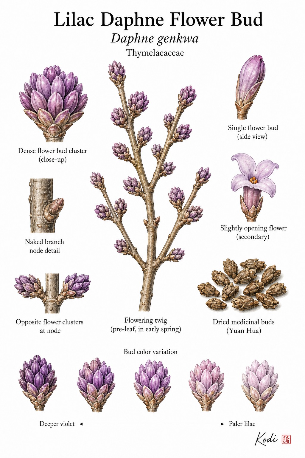 Botanical illustration of Lilac Daphne Flower Bud, Daphne genkwa, showing bare twigs, lilac buds, dried buds, and diagnostic plant details.