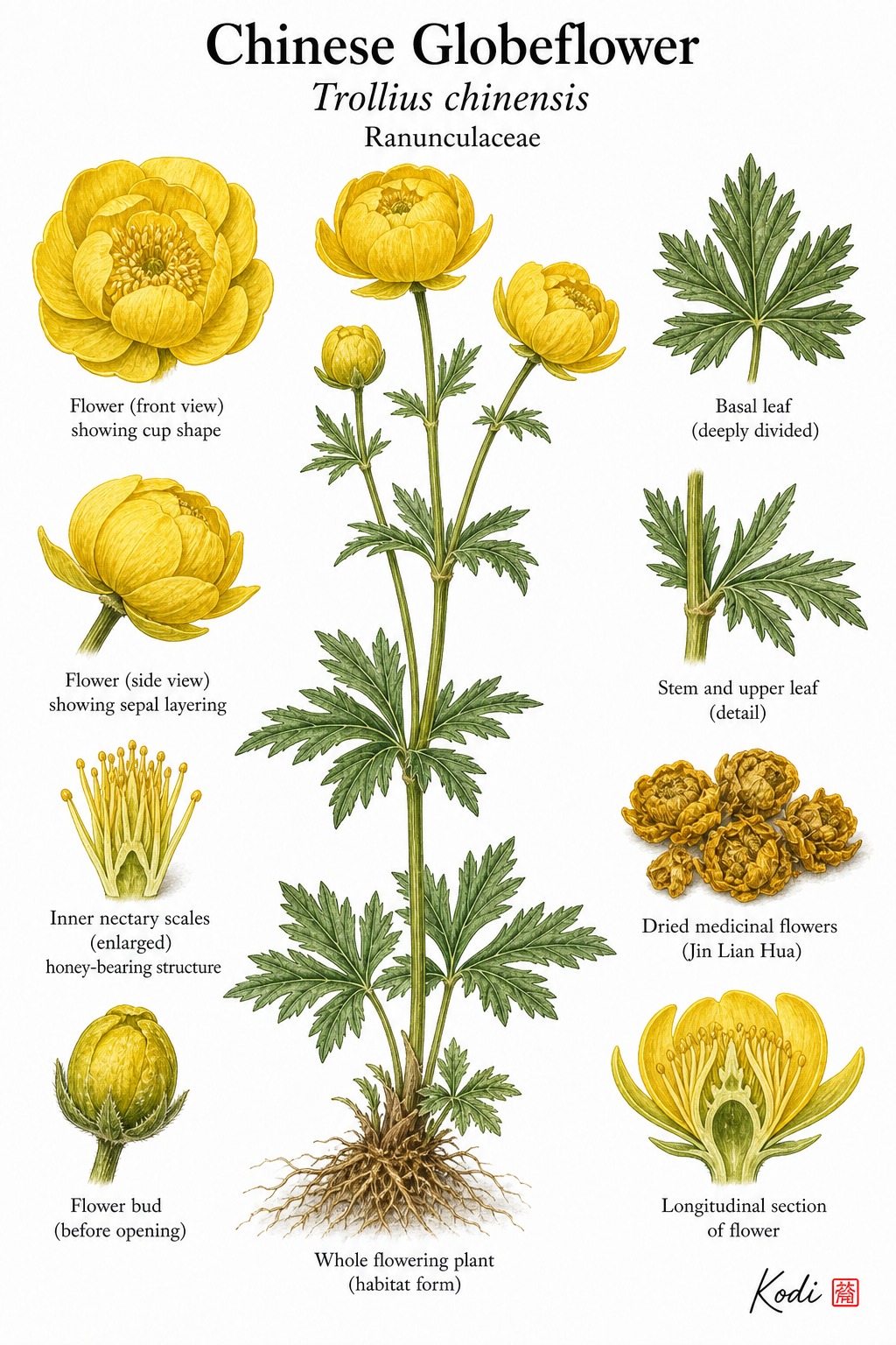 Botanical illustration of Chinese Globeflower, Trollius chinensis, showing whole plant habit, golden flowers, buds, leaves, and diagnostic floral details.
